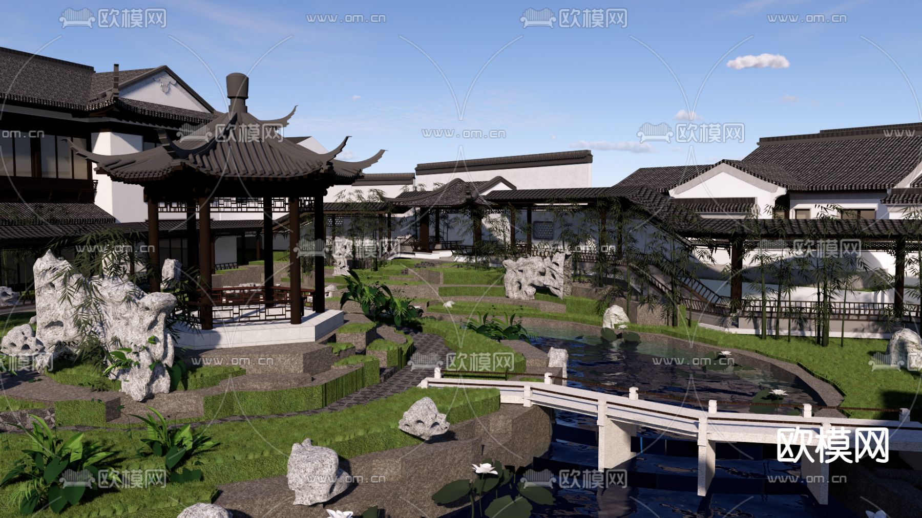 中式庭院花园 前庭 水景小品su模型下载（渲染图3）