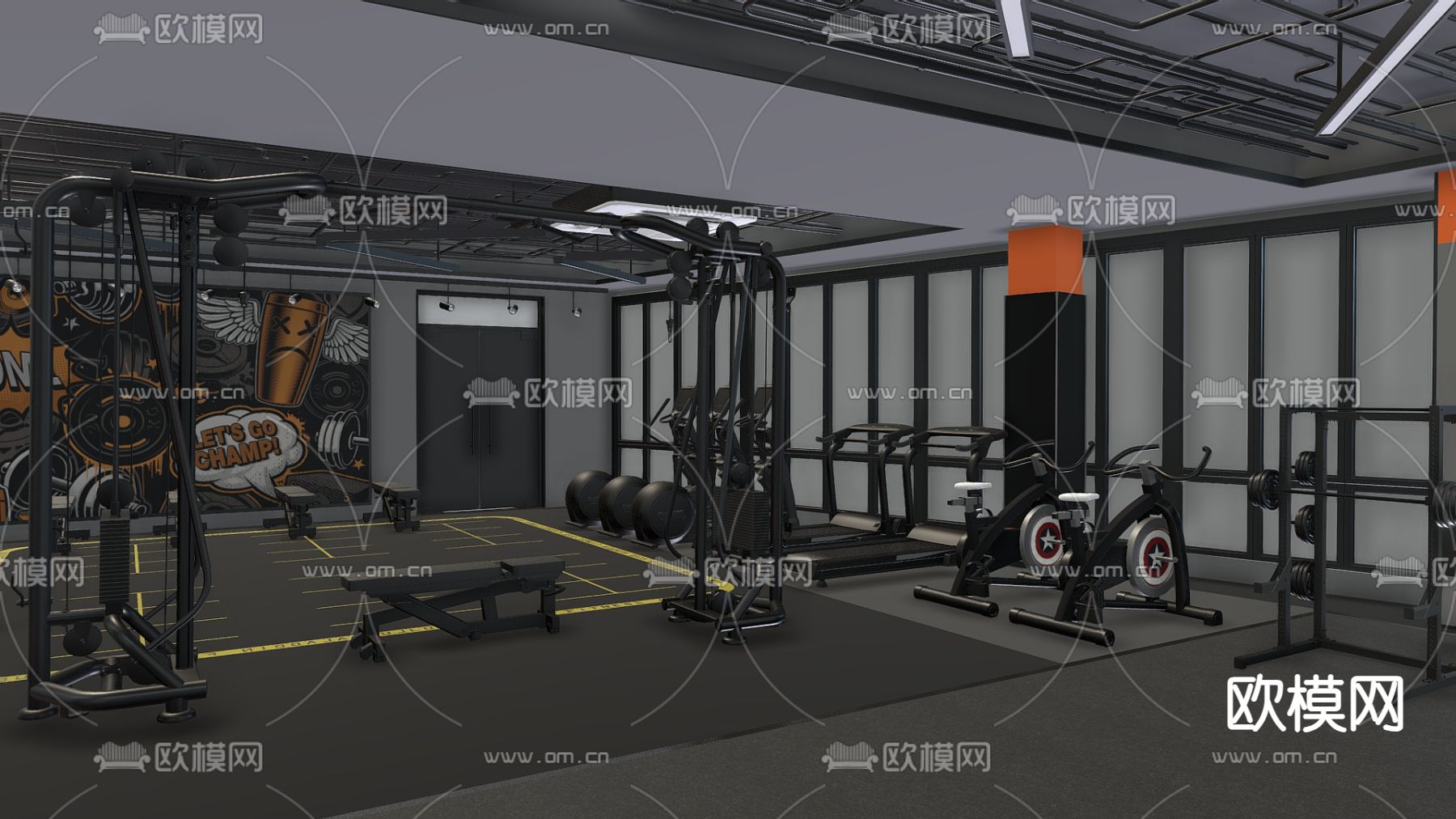 现代健身房 健身器材 运动空间su模型下载（渲染图2）
