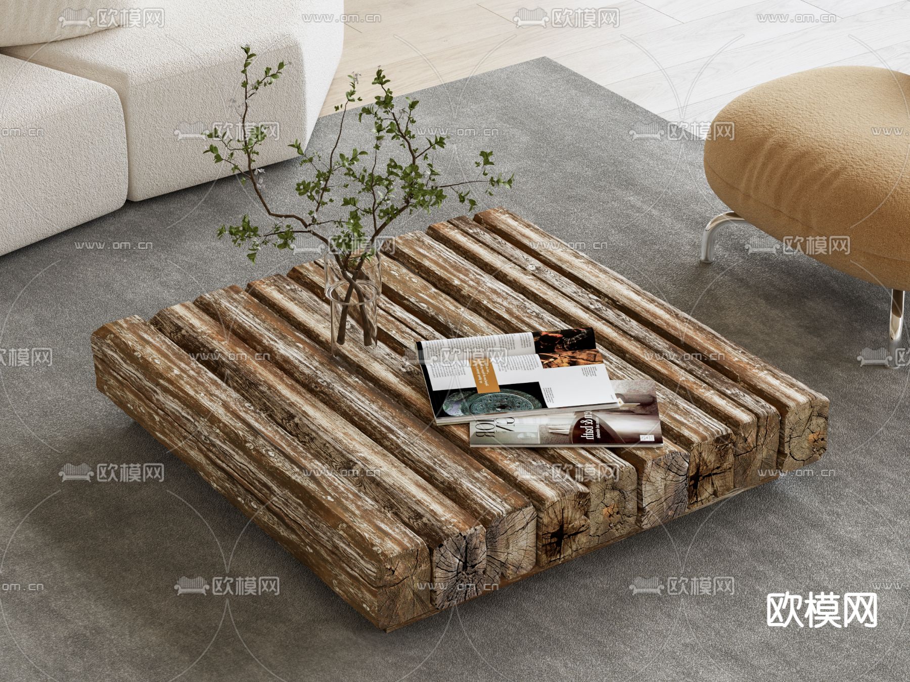 侘寂原木茶几su模型下载（渲染图2）