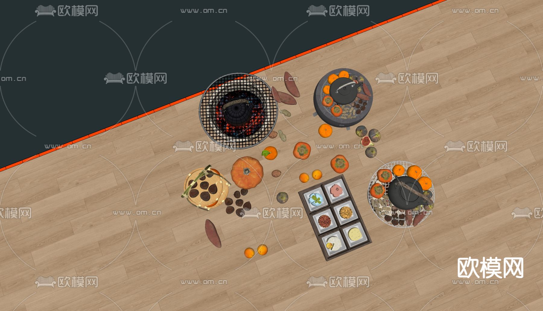 茶具 围炉煮茶 甜品架 水果su模型下载（渲染图1）