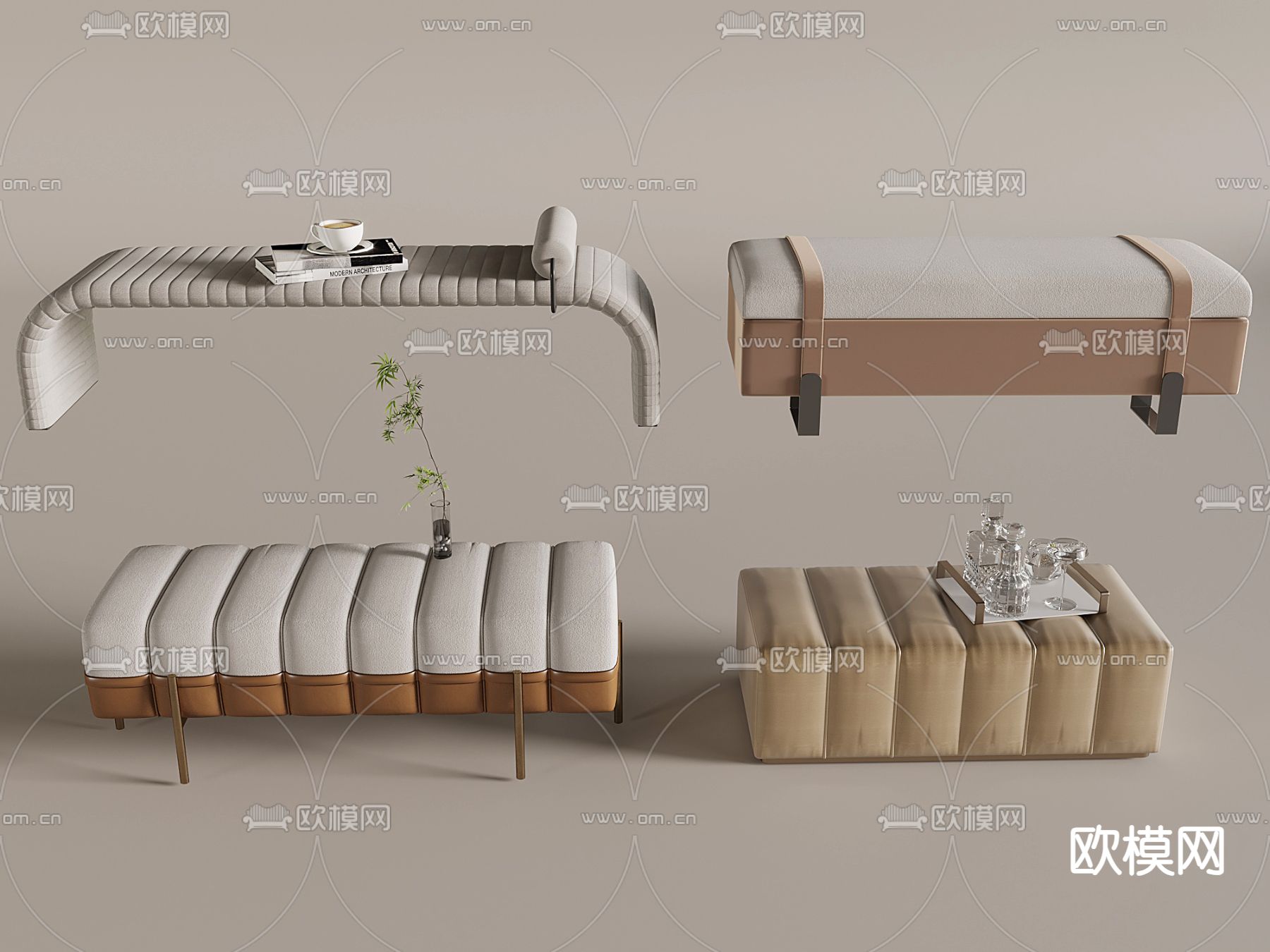 现代沙发凳 床尾凳 换鞋凳su模型下载（渲染图2）