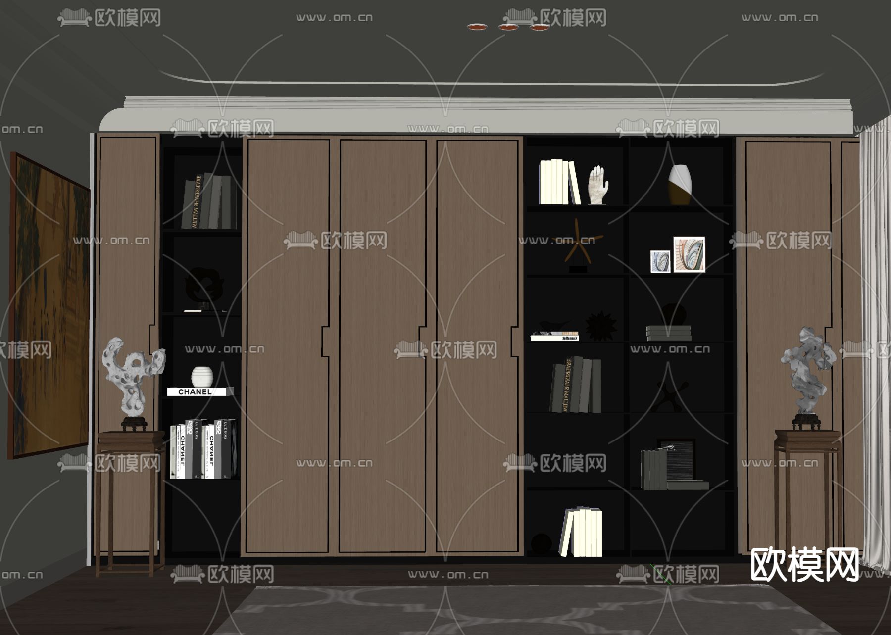 新中式书柜 装饰柜su模型下载（渲染图1）