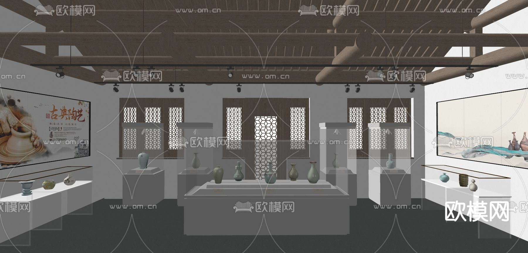 新中式 陶瓷博物馆 清瓷器展览su模型下载（渲染图1）