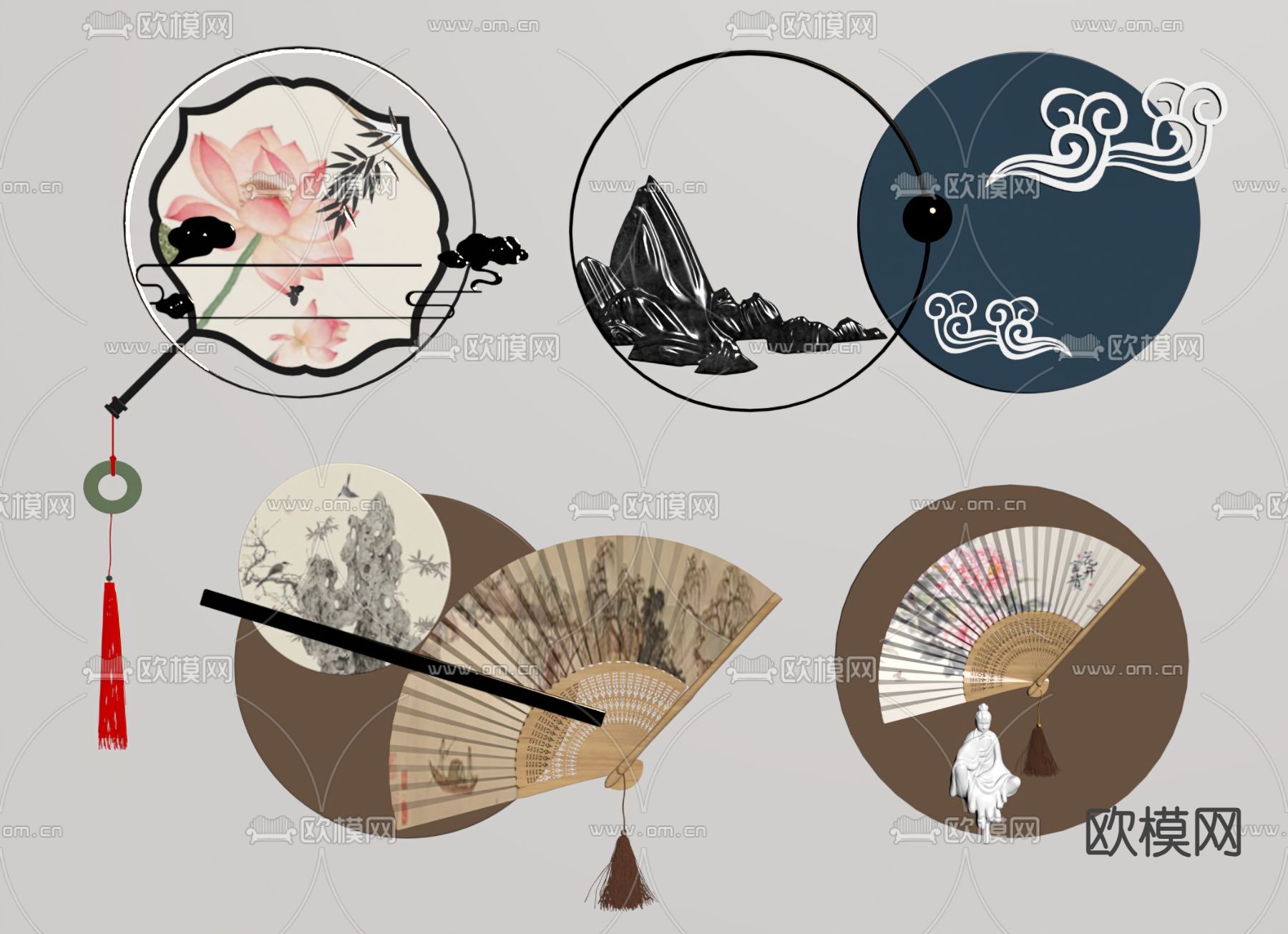 新中式墙饰 挂饰 扇子su模型下载（渲染图1）