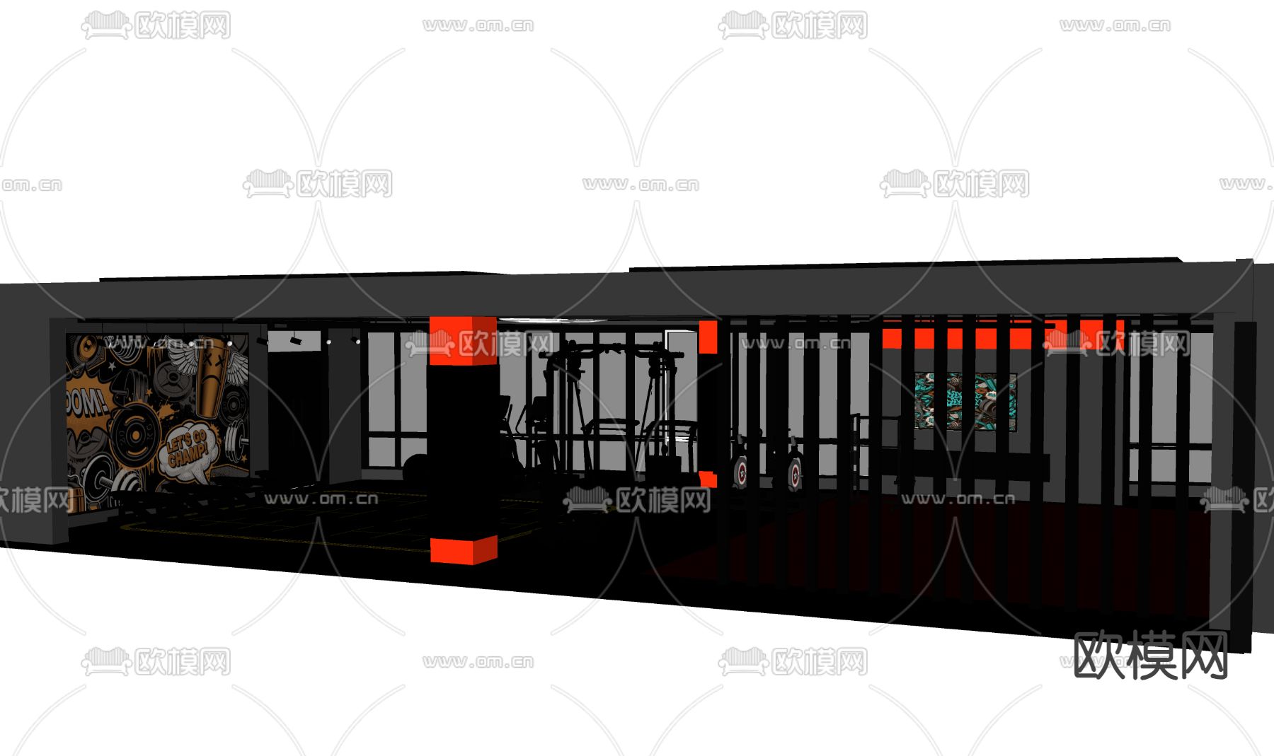 现代健身房 健身器材 运动空间su模型下载（渲染图1）