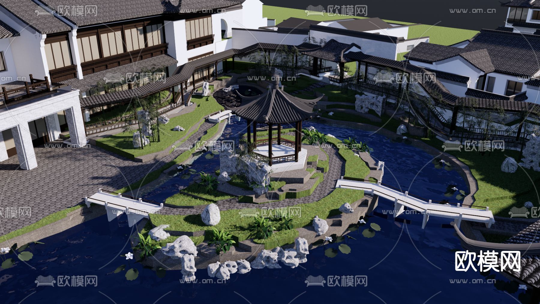 中式庭院花园 前庭 水景小品su模型下载（渲染图2）