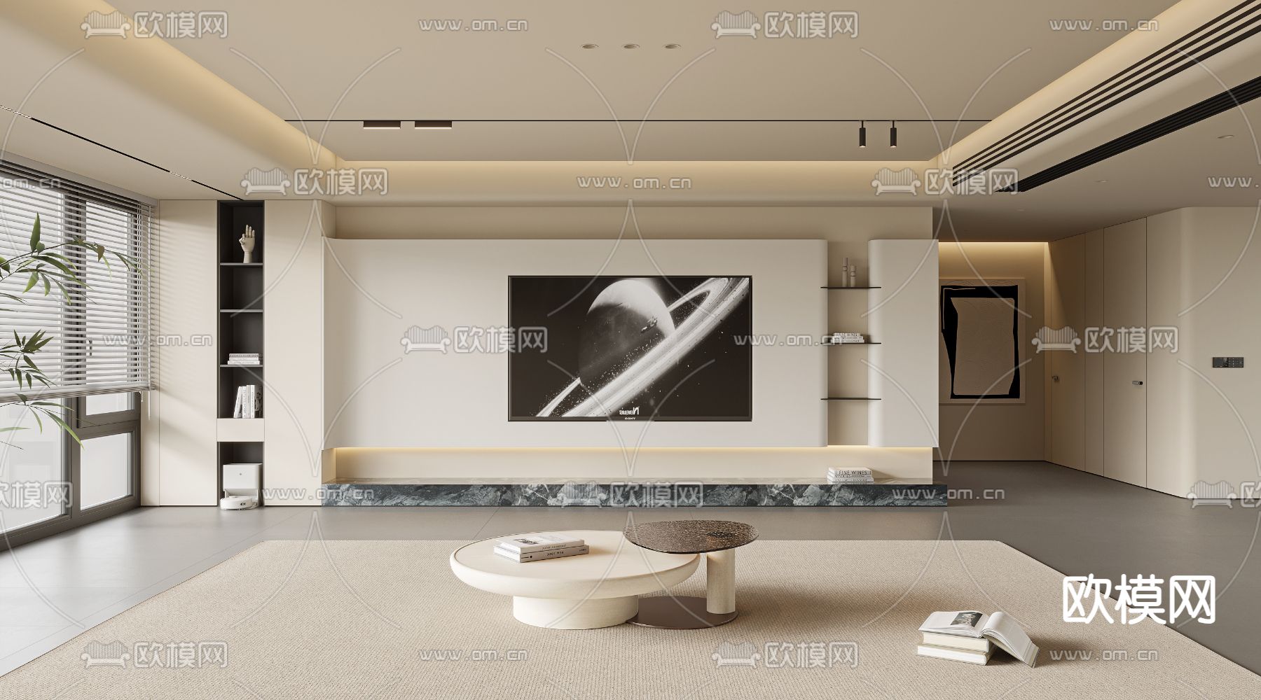 奶油风电视背景墙su模型