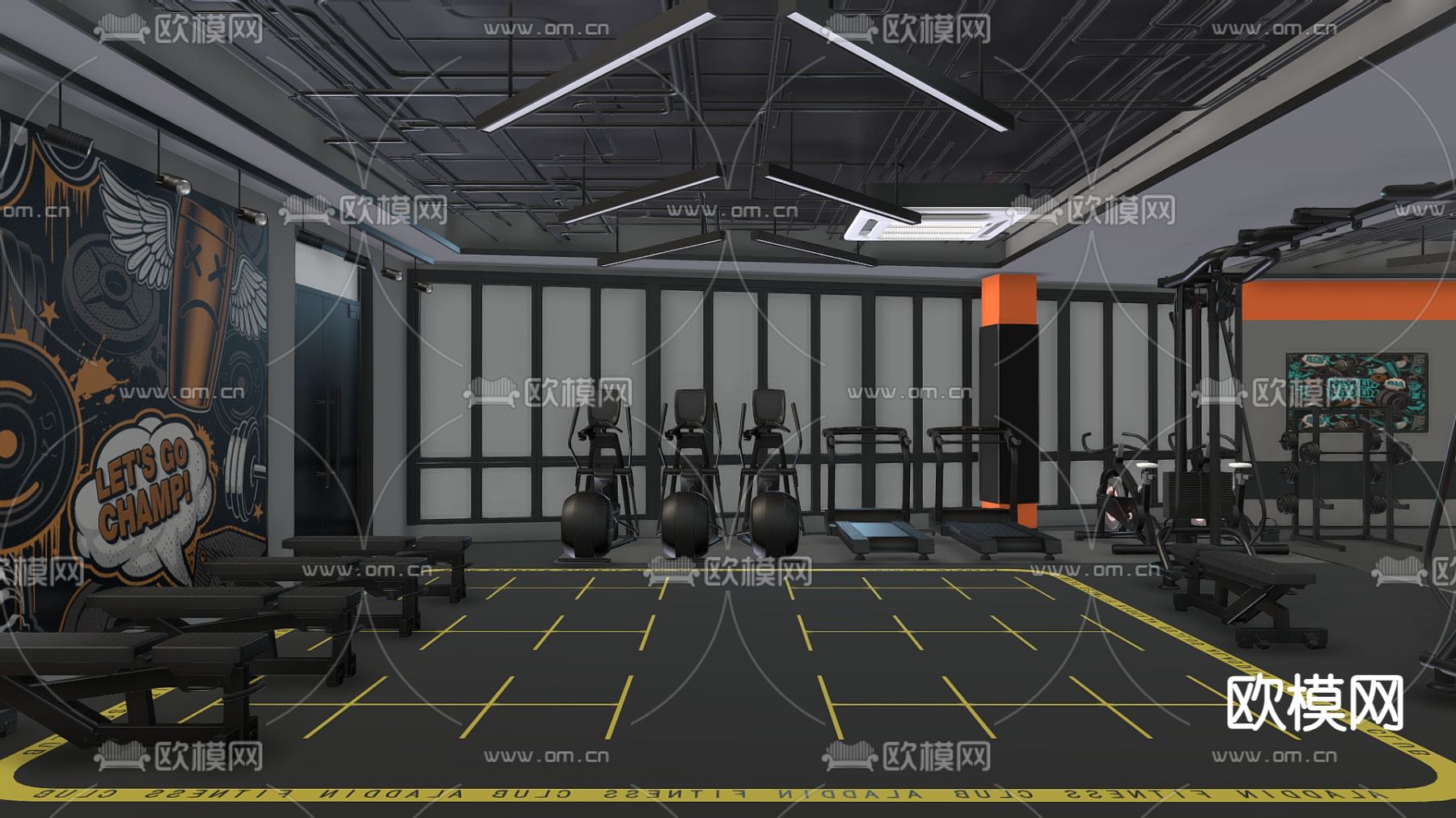 现代健身房 健身器材 运动空间su模型下载（渲染图4）