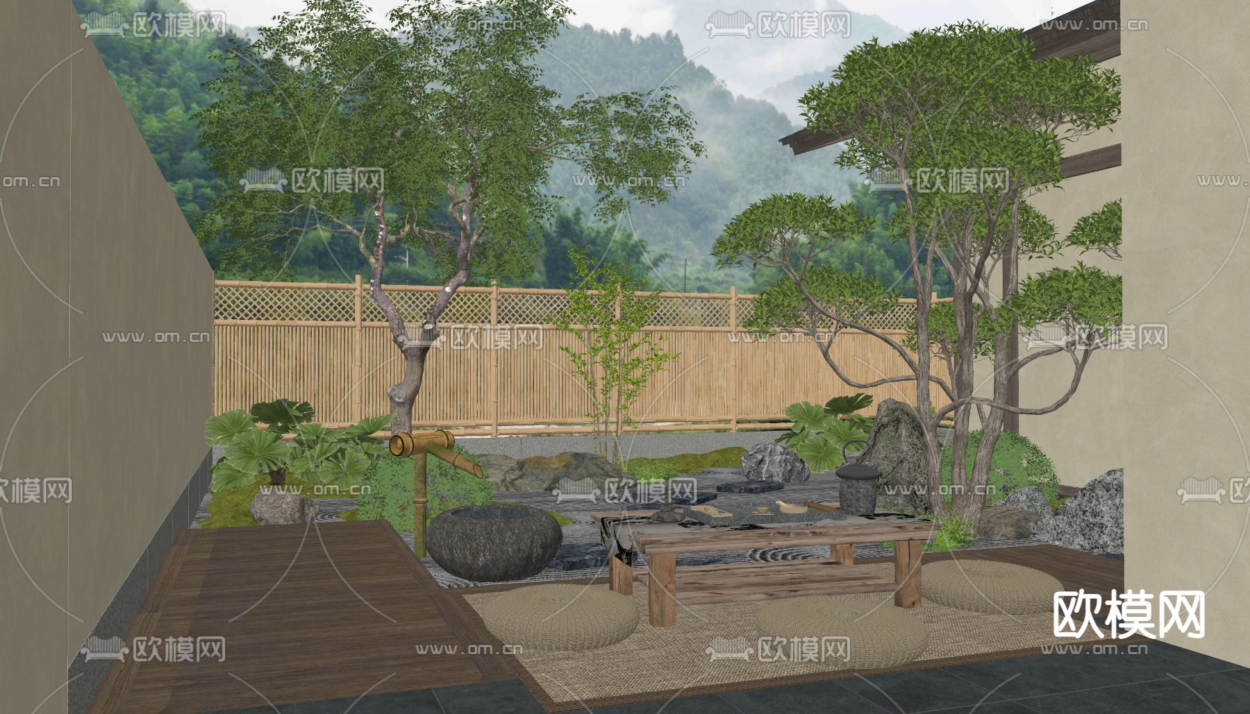 日式别墅花园 庭院景观su模型下载（渲染图1）