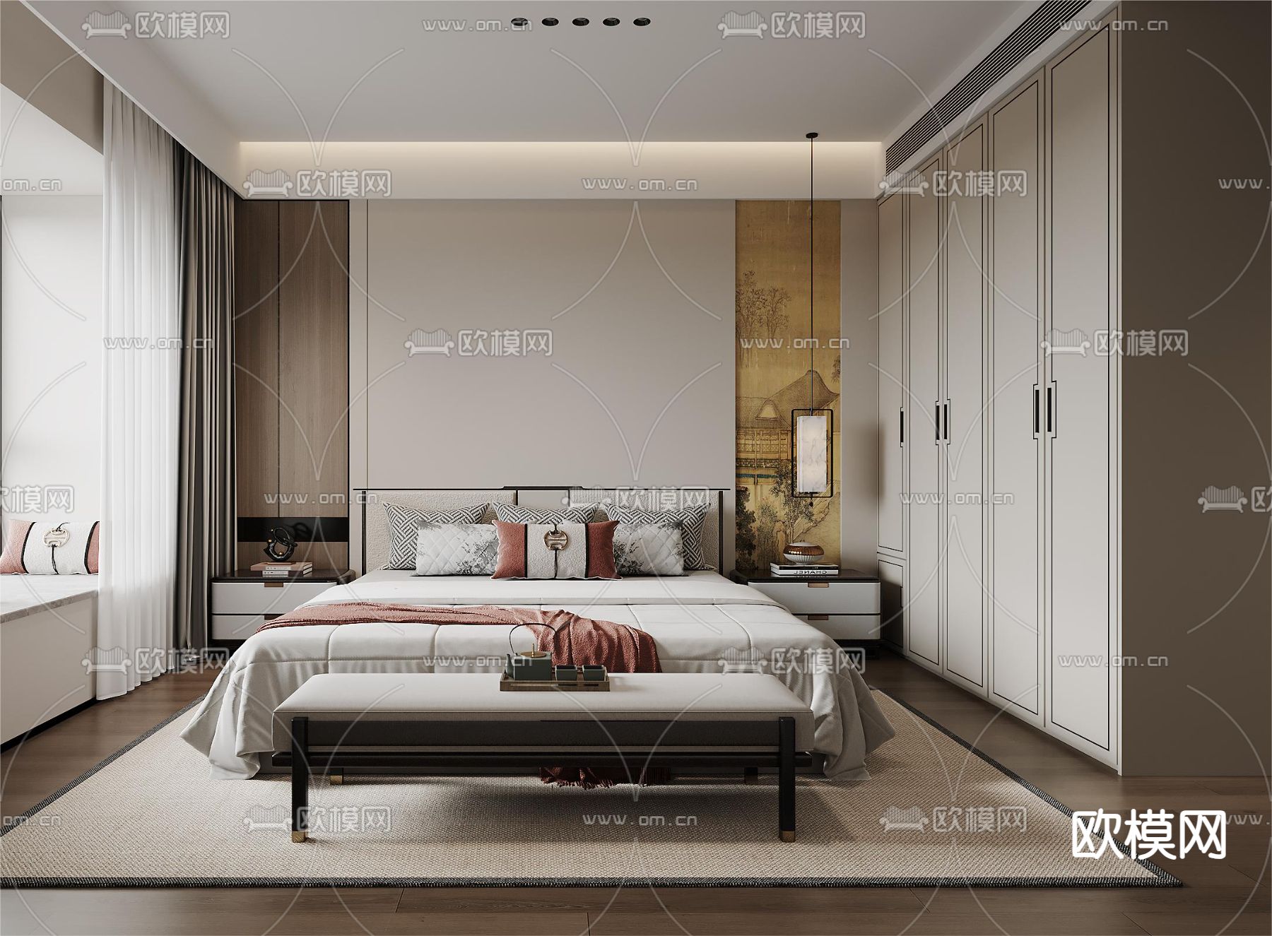 新中式卧室 主卧 宋式风卧室3d模型下载（渲染图2）