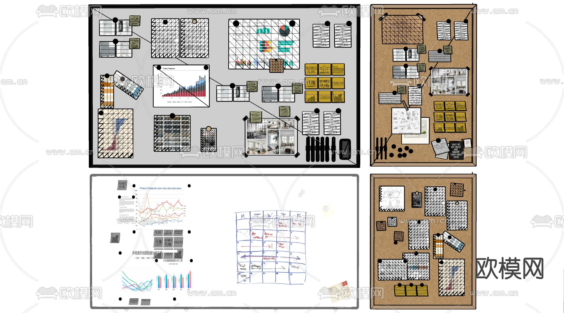 现代白板 便签板 软木板 写字板su模型下载（渲染图1）