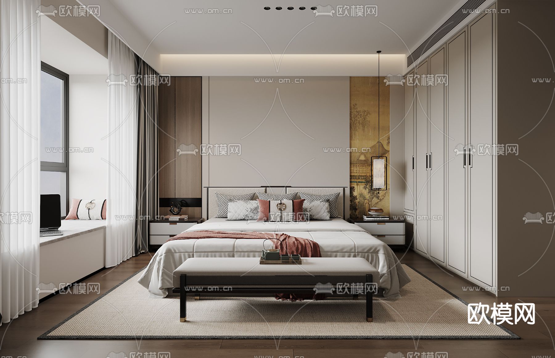 新中式卧室 主卧 宋式风卧室3d模型下载（渲染图1）