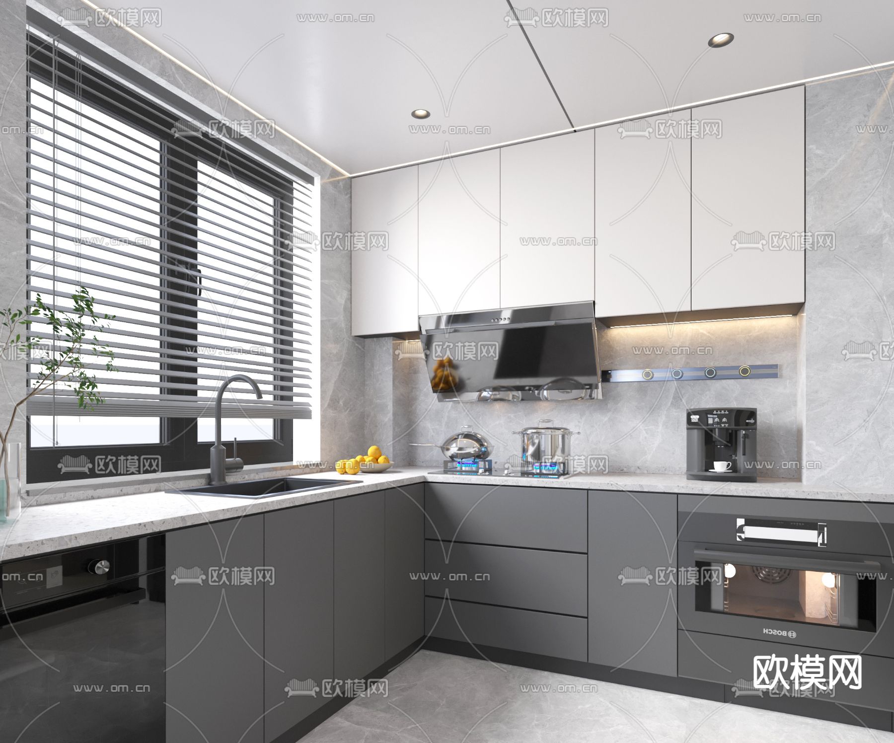 现代厨房橱柜 厨房用品3d模型下载（渲染图1）