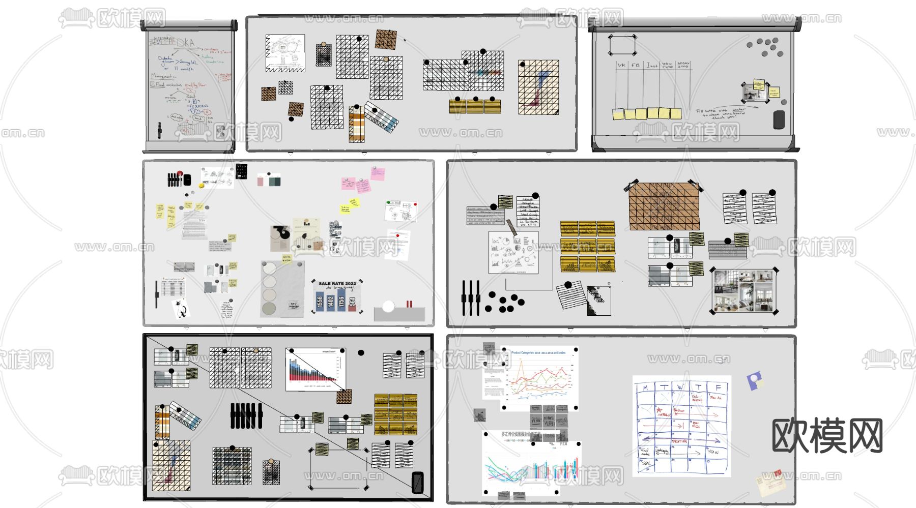 现代白板 便签板 软木板 写字板su模型下载（渲染图2）