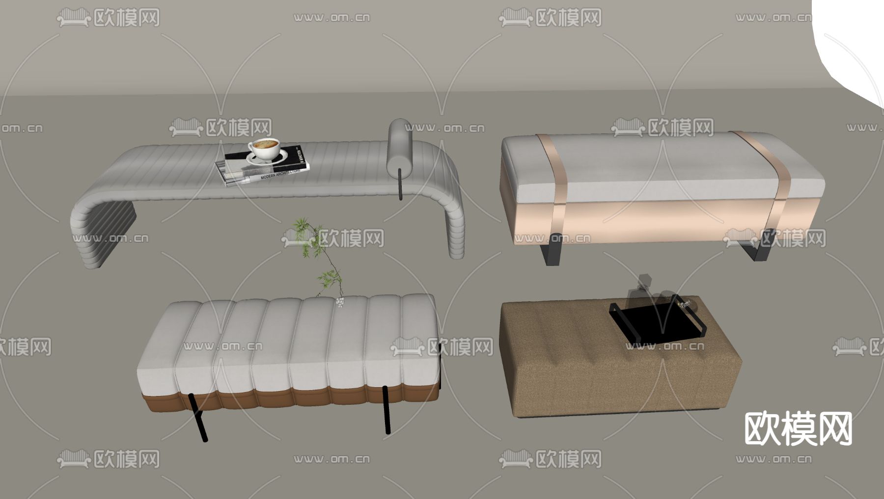 现代沙发凳 床尾凳 换鞋凳su模型下载（渲染图1）