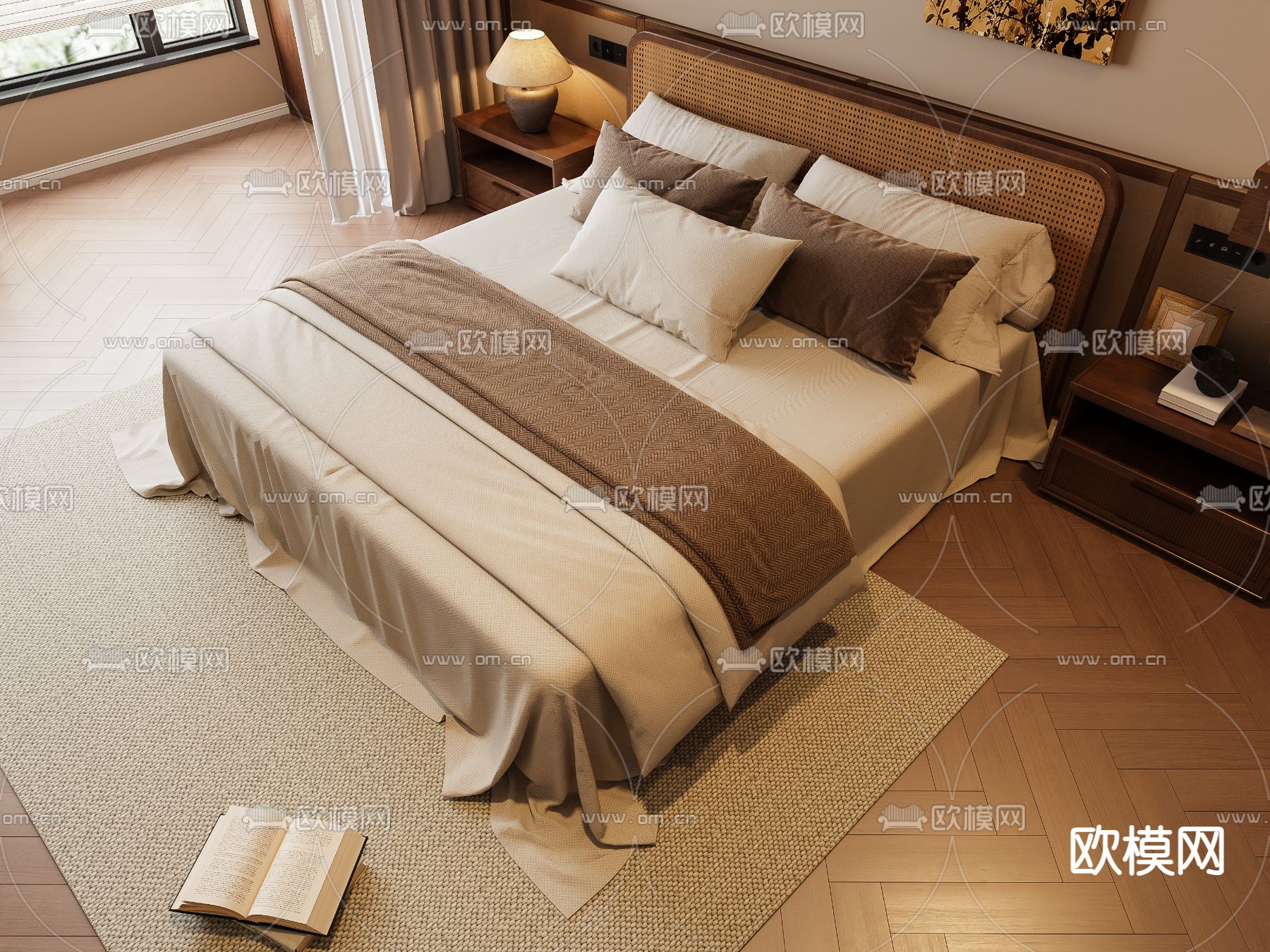 中古风双人床su模型下载（渲染图2）