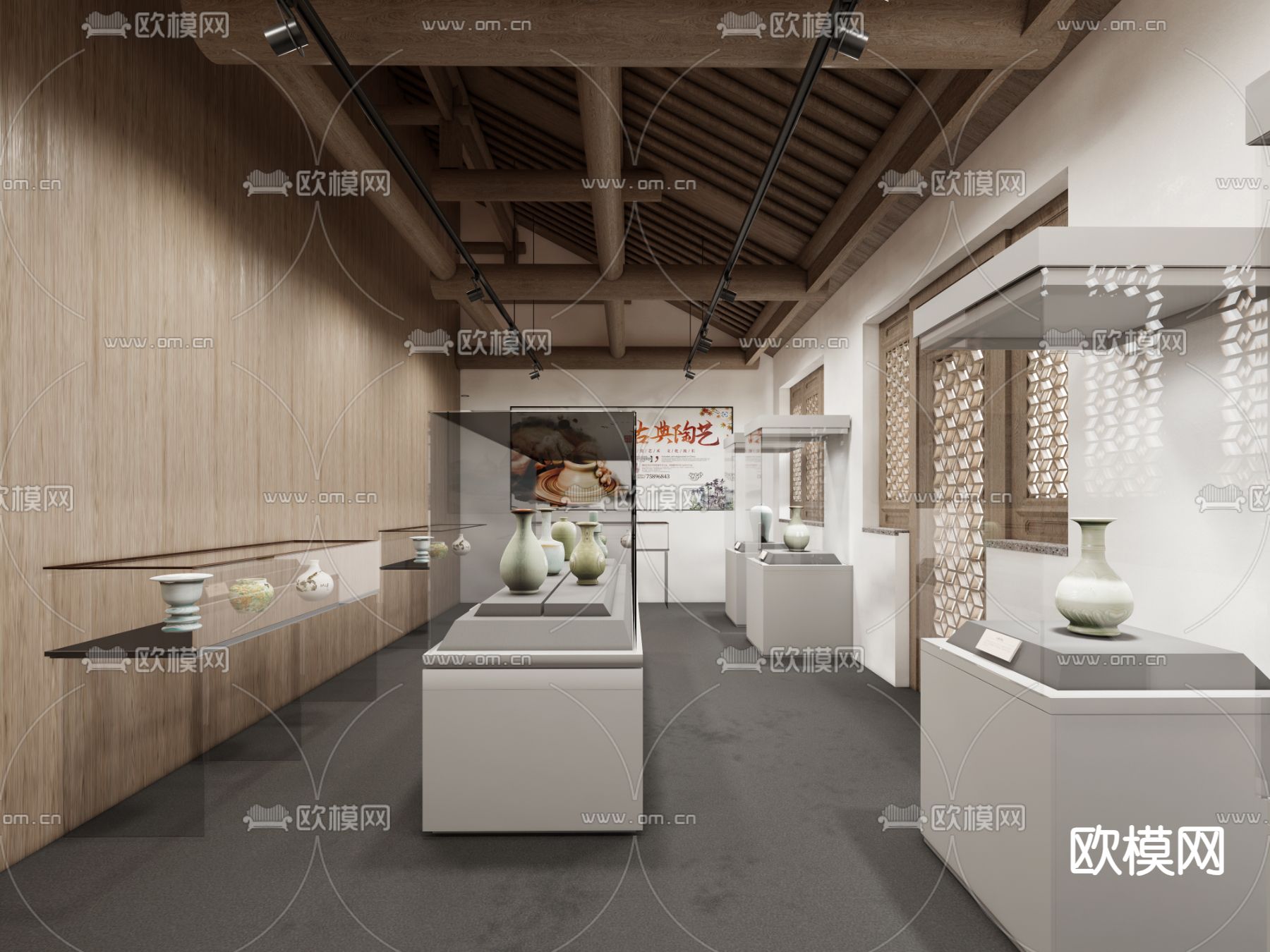 新中式 陶瓷博物馆 清瓷器展览su模型下载（渲染图3）
