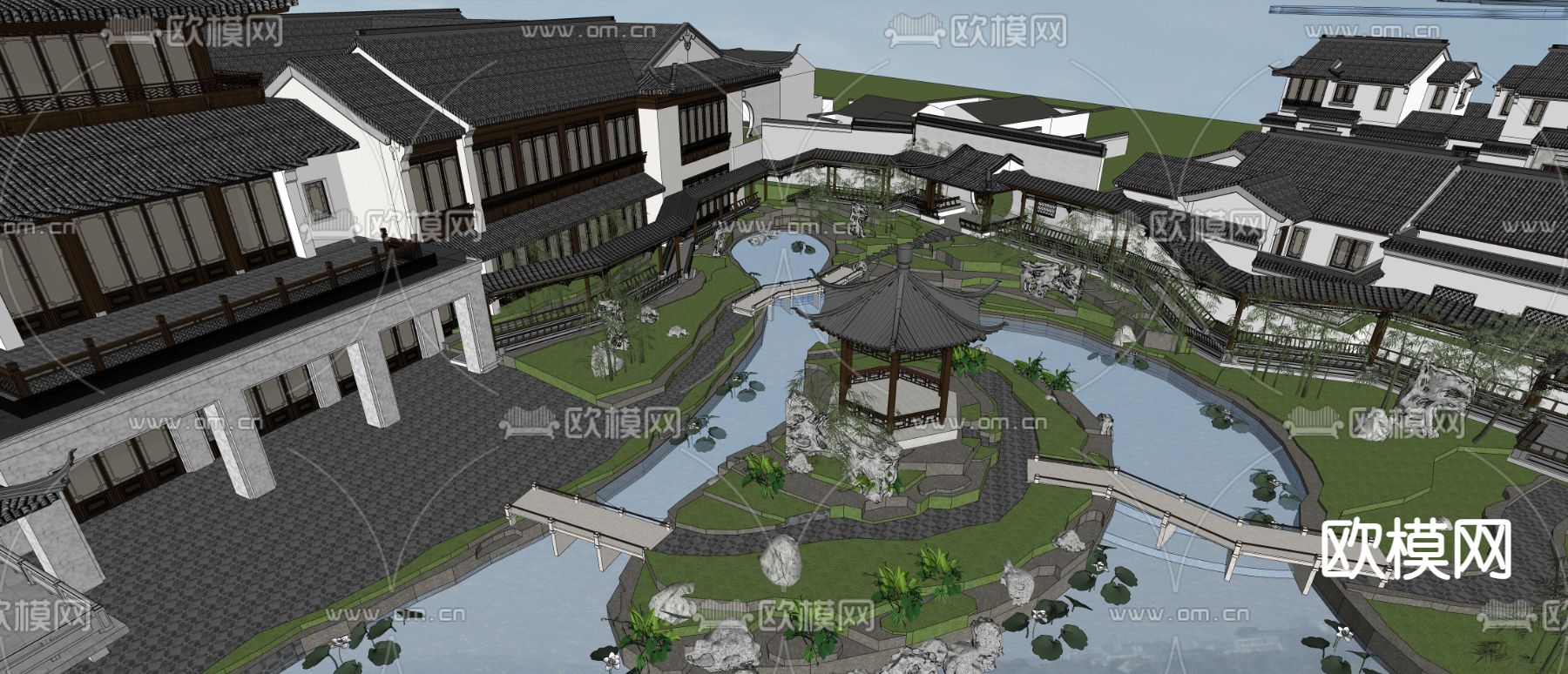 中式庭院花园 前庭 水景小品su模型下载（渲染图1）