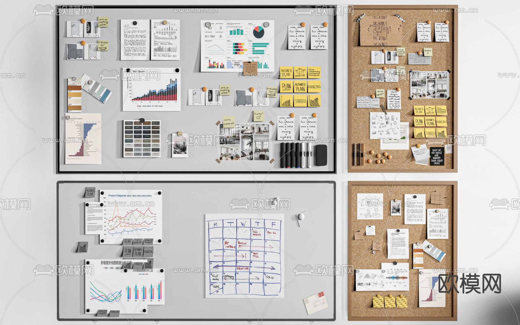 现代白板 便签板 软木板 写字板su模型下载（渲染图2）