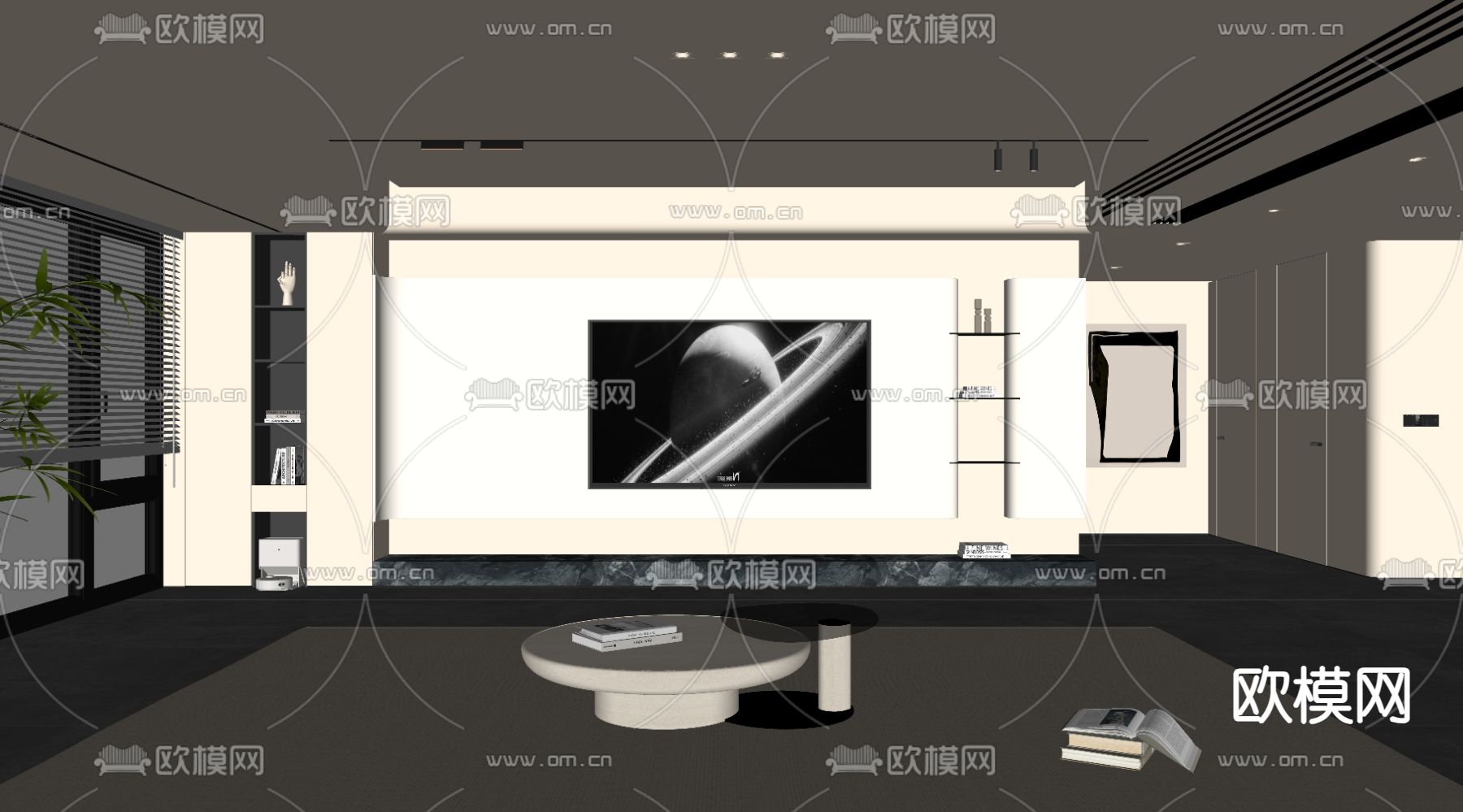奶油风电视背景墙su模型