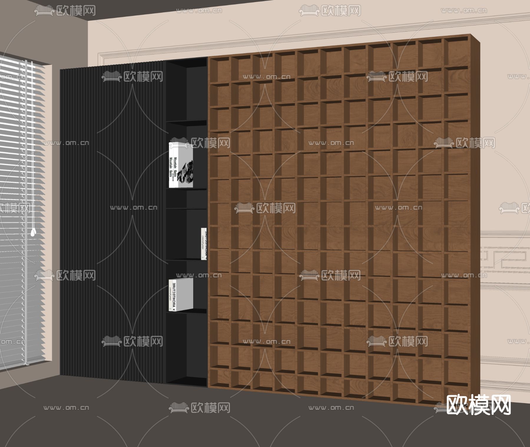 中古风书柜su模型下载（渲染图1）
