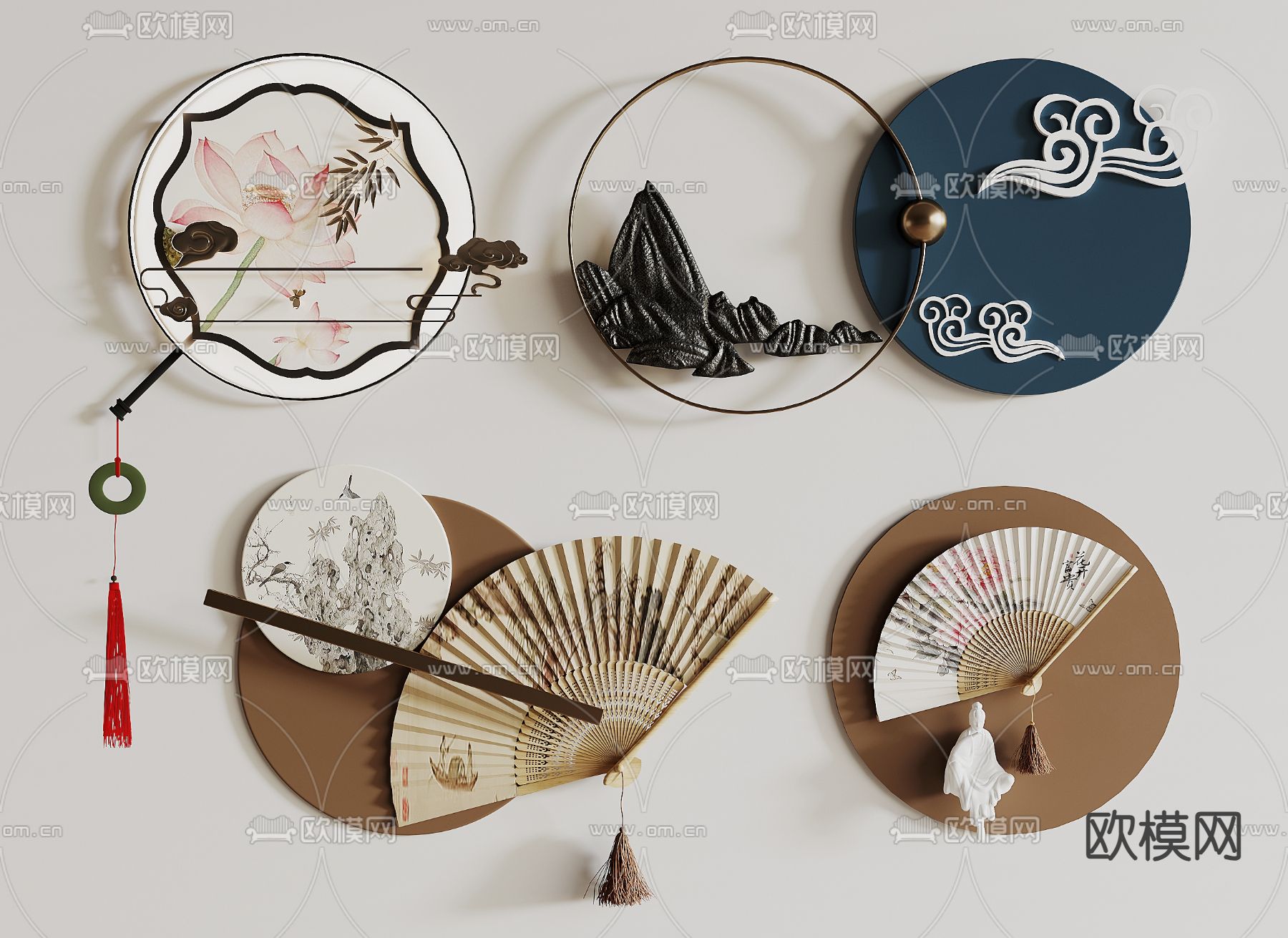 新中式墙饰 挂饰 扇子su模型下载（渲染图2）