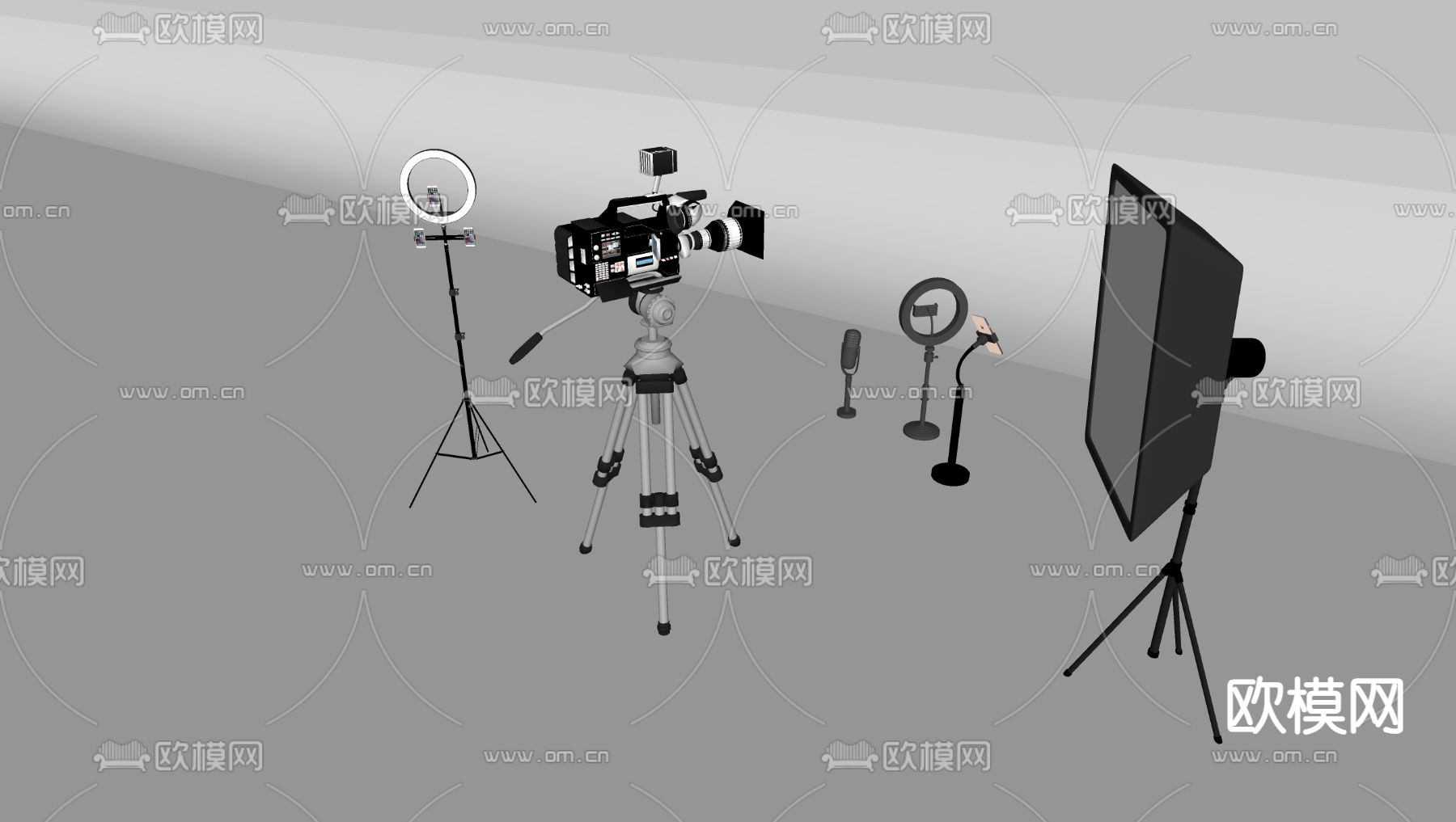 直播器材 照相机 摄影机 补光灯 补光板 三脚架su模型下载（渲染图1）