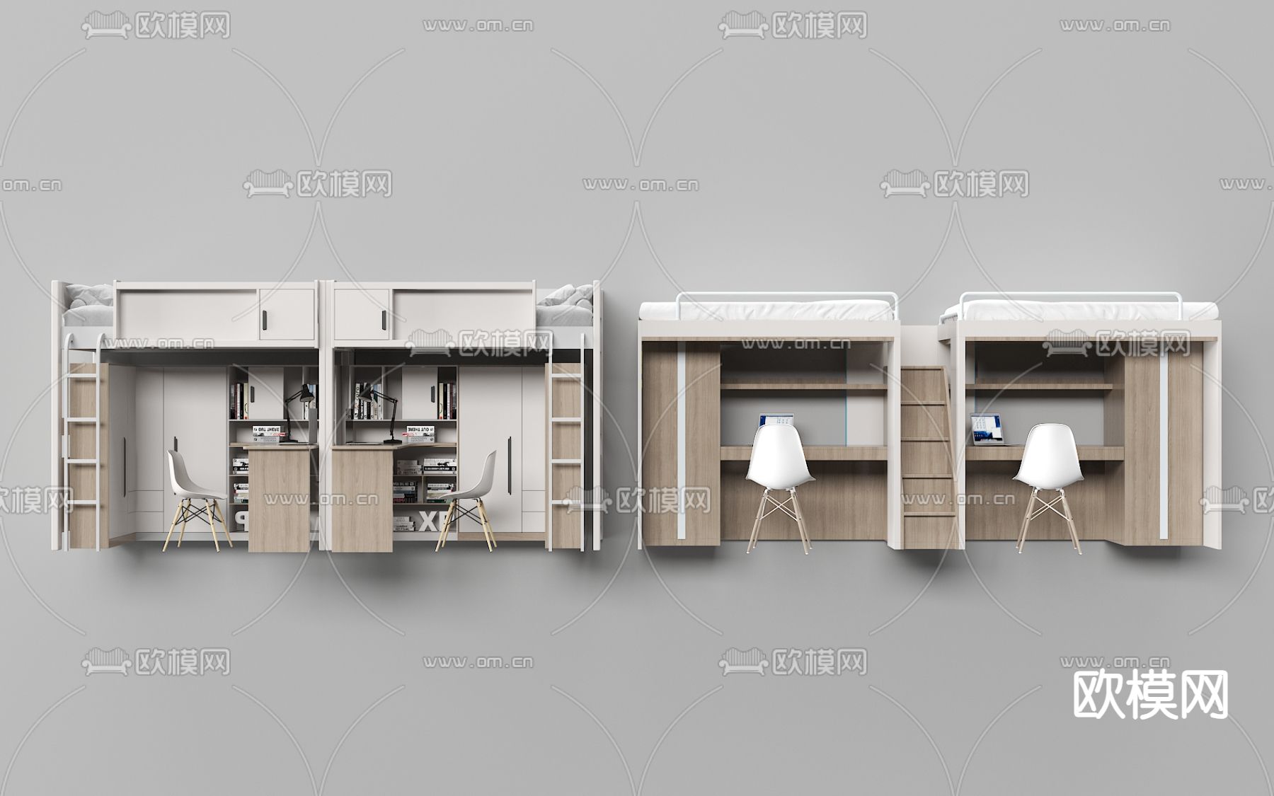 现代上床下桌 上下床 宿舍床su模型下载（渲染图2）