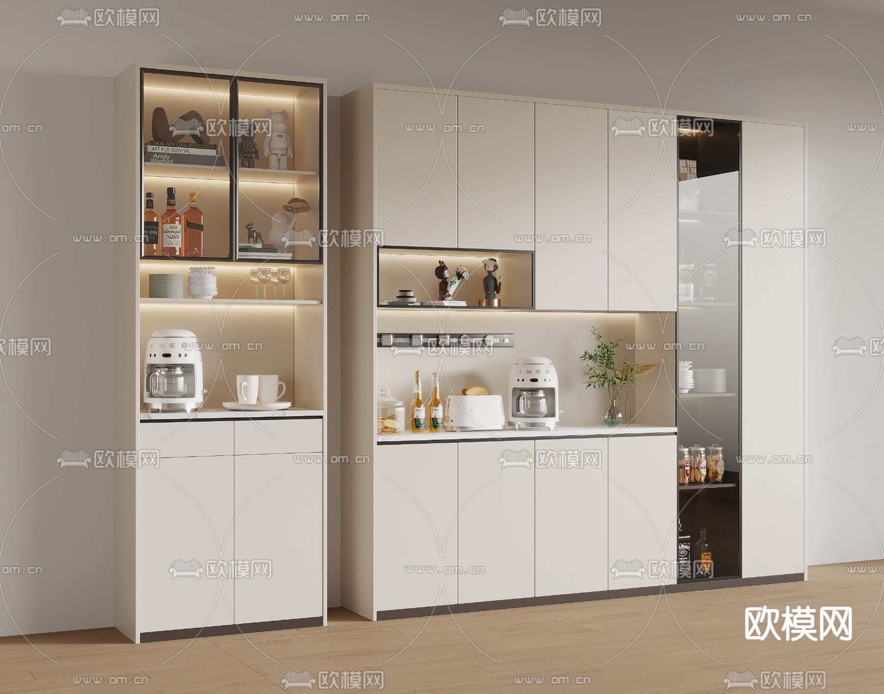 奶油风餐边柜3d模型下载