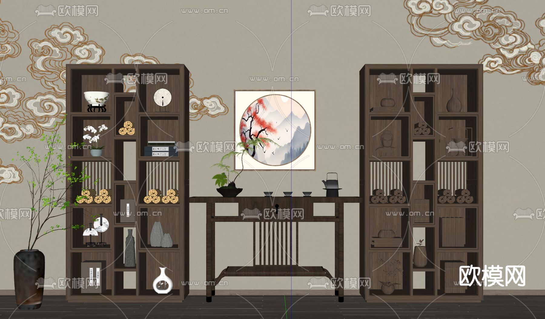 新中式博古架su模型下载（渲染图1）