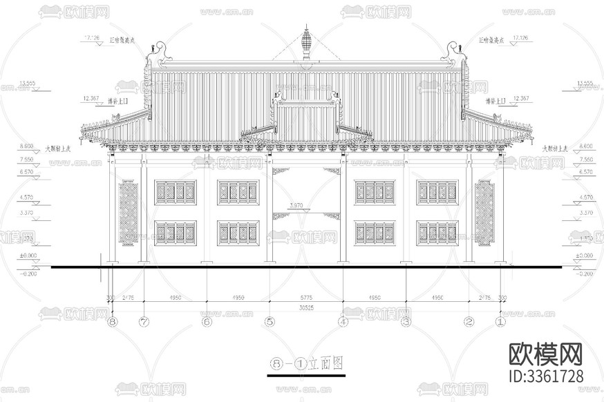 天王殿中式古建CAD施工圖下載(渲染圖2)