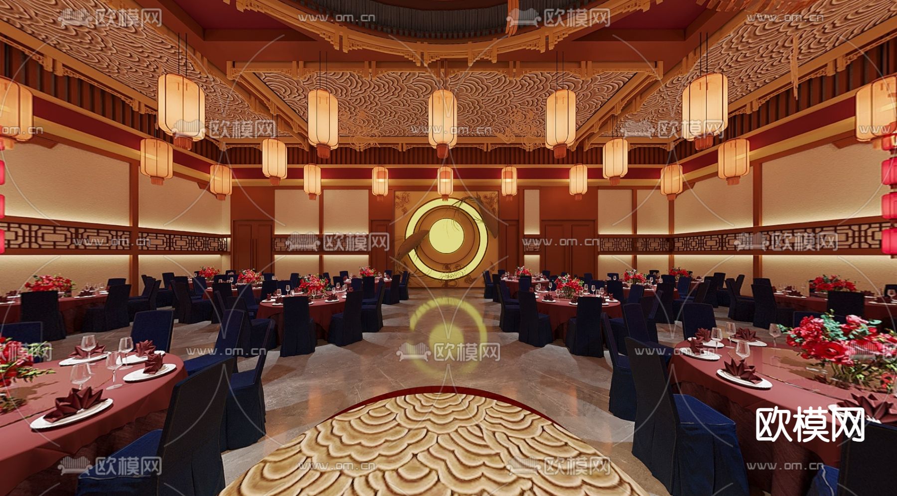 中式宴会厅 婚宴3d模型下载（渲染图1）