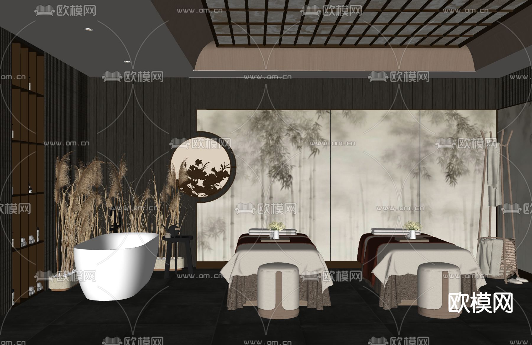 新中式美容院 包房 SPA按摩su模型下载（渲染图1）