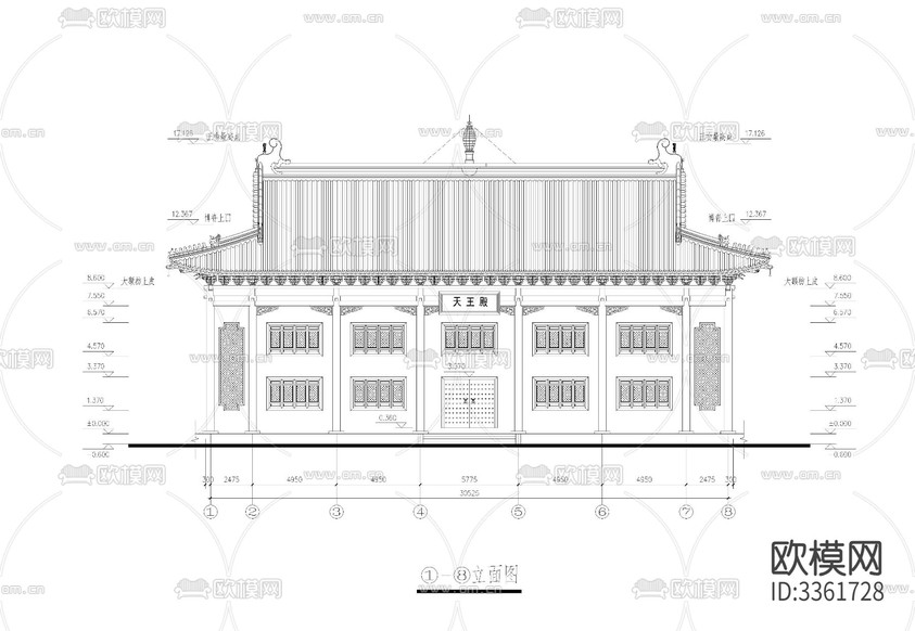 天王殿中式古建CAD施工圖下載(渲染圖3)