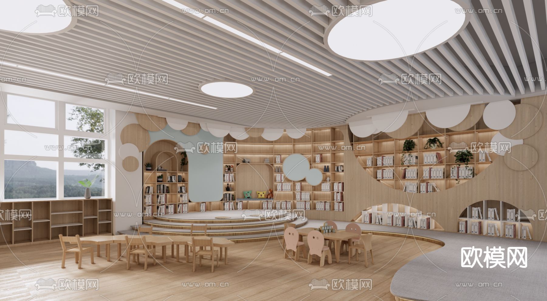 原木风幼儿园 绘本室 阅览区su模型下载（渲染图3）