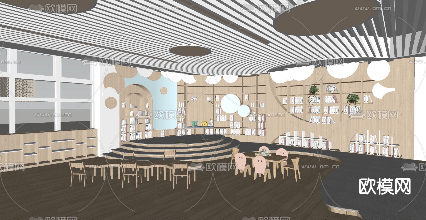 原木风幼儿园 绘本室 阅览区su模型下载（渲染图1）