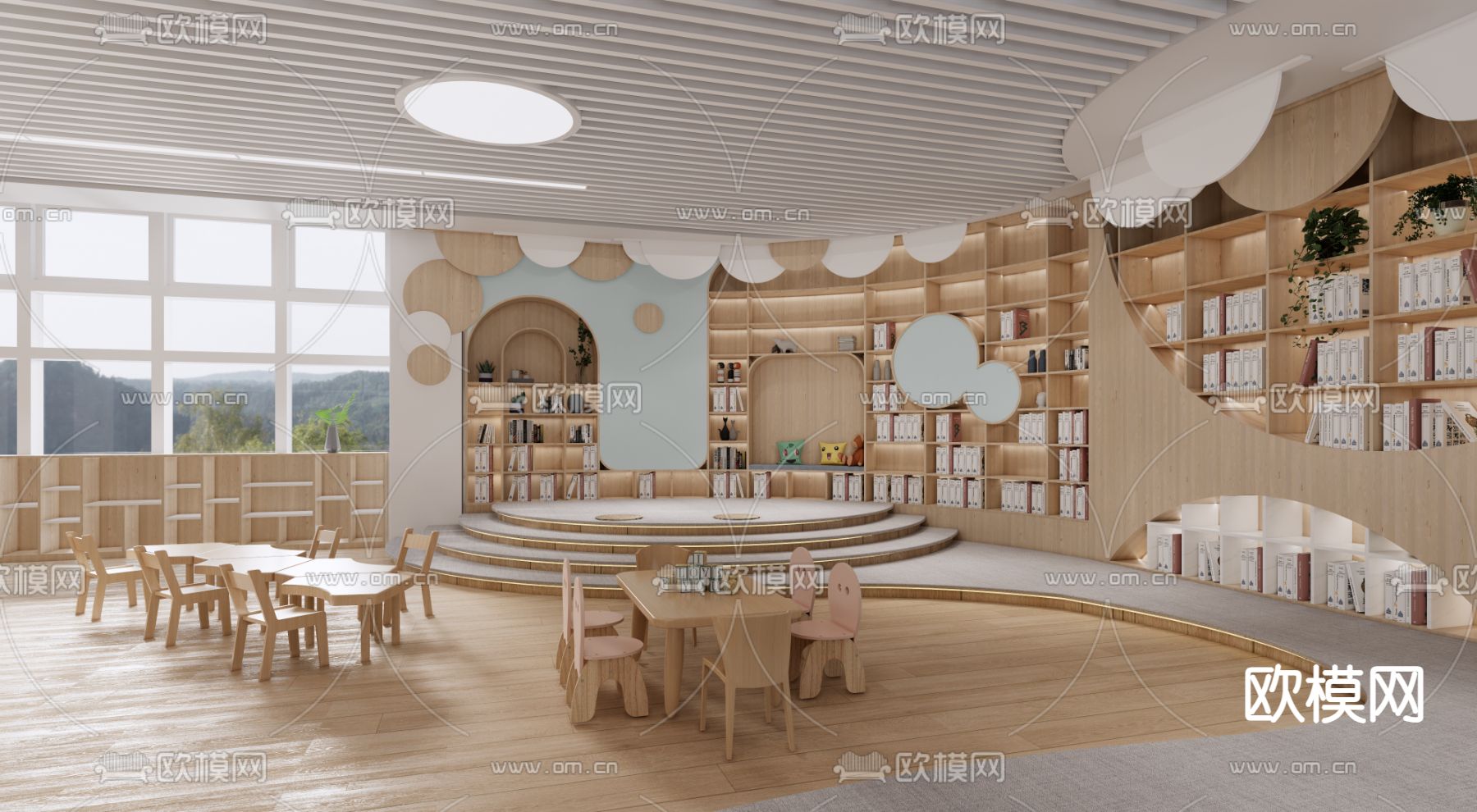 原木风幼儿园 绘本室 阅览区su模型下载（渲染图2）