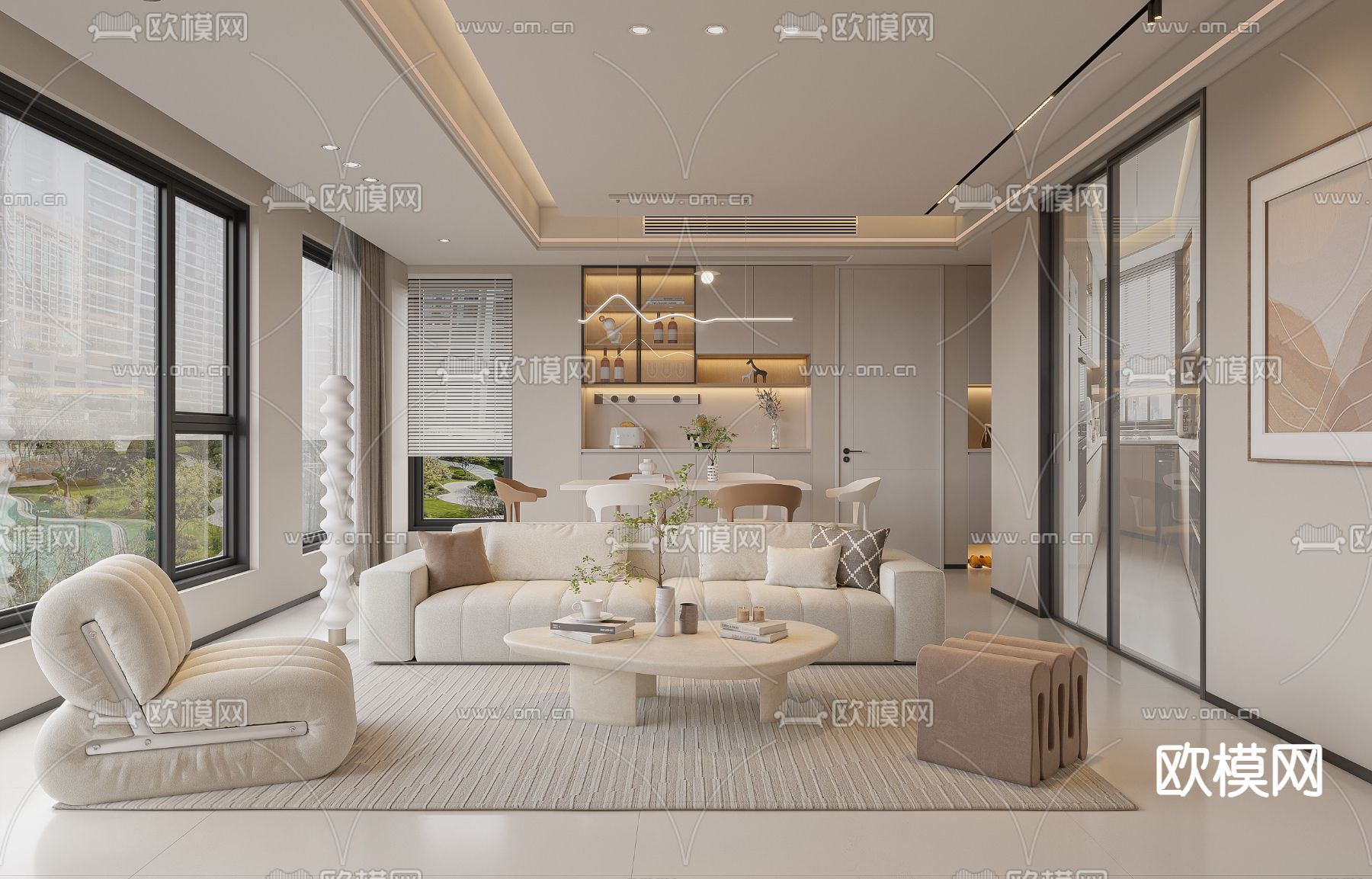 现代客餐厅3d模型下载（渲染图1）