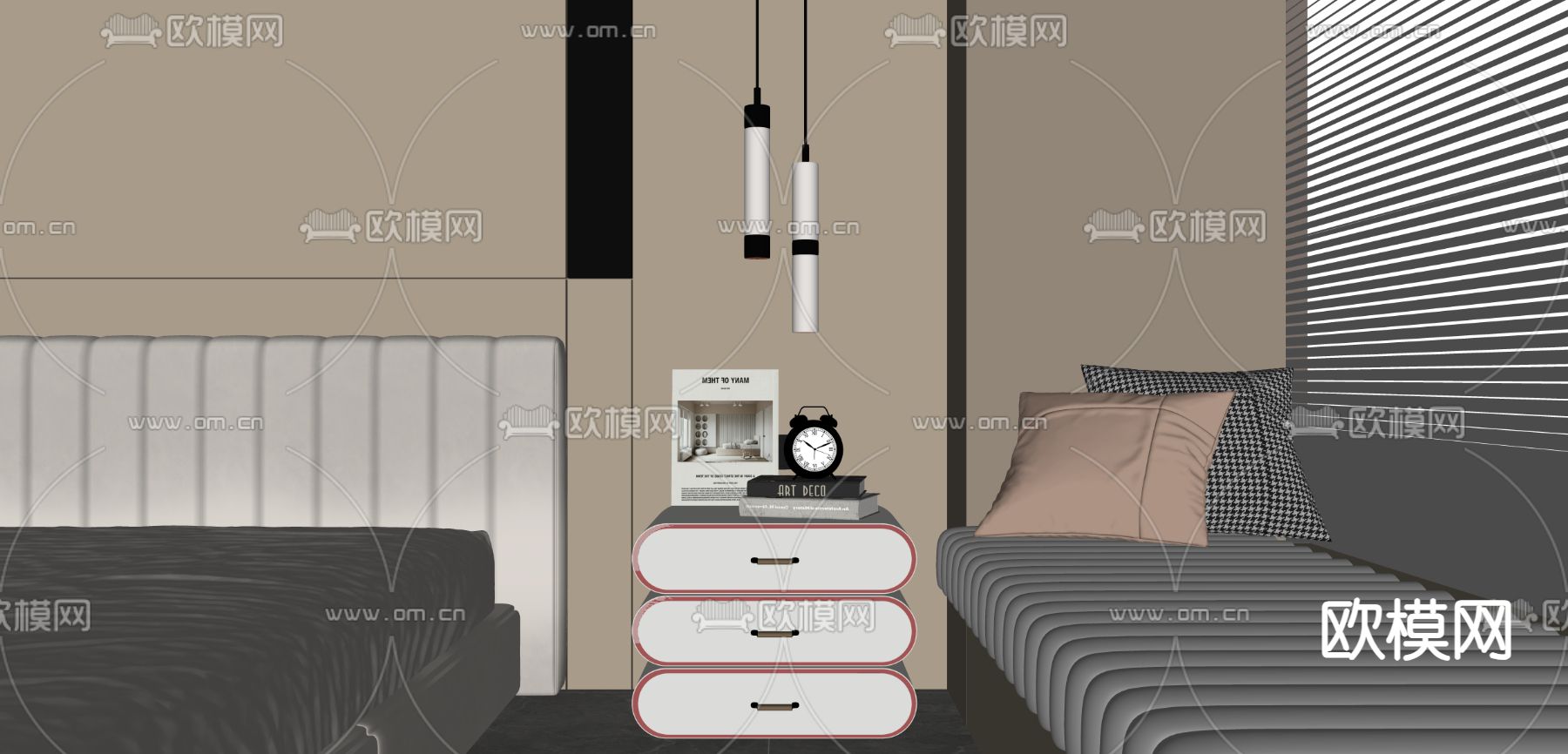 现代床头柜su模型下载（渲染图1）