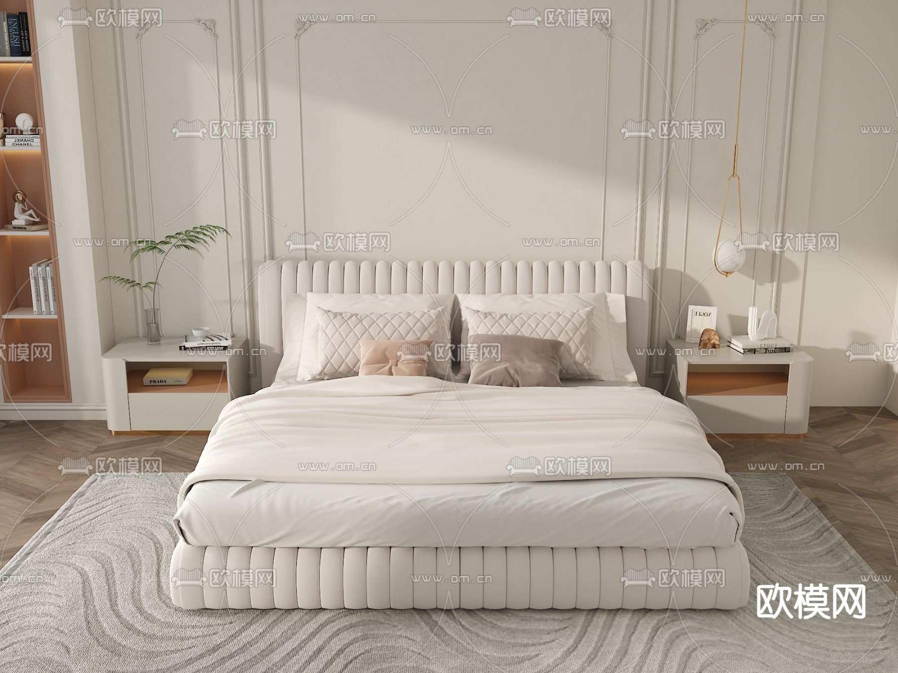 奶油风双人床su模型下载（渲染图2）