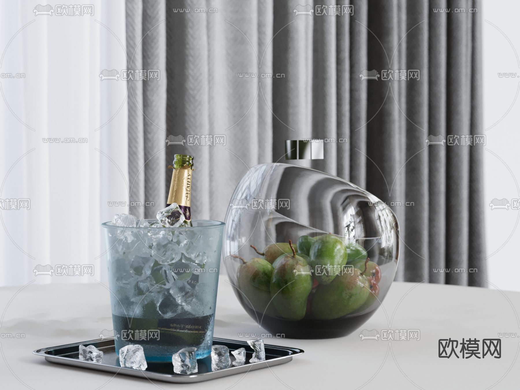 酒水 水果 果盘 饮具 酒瓶su模型下载（渲染图2）