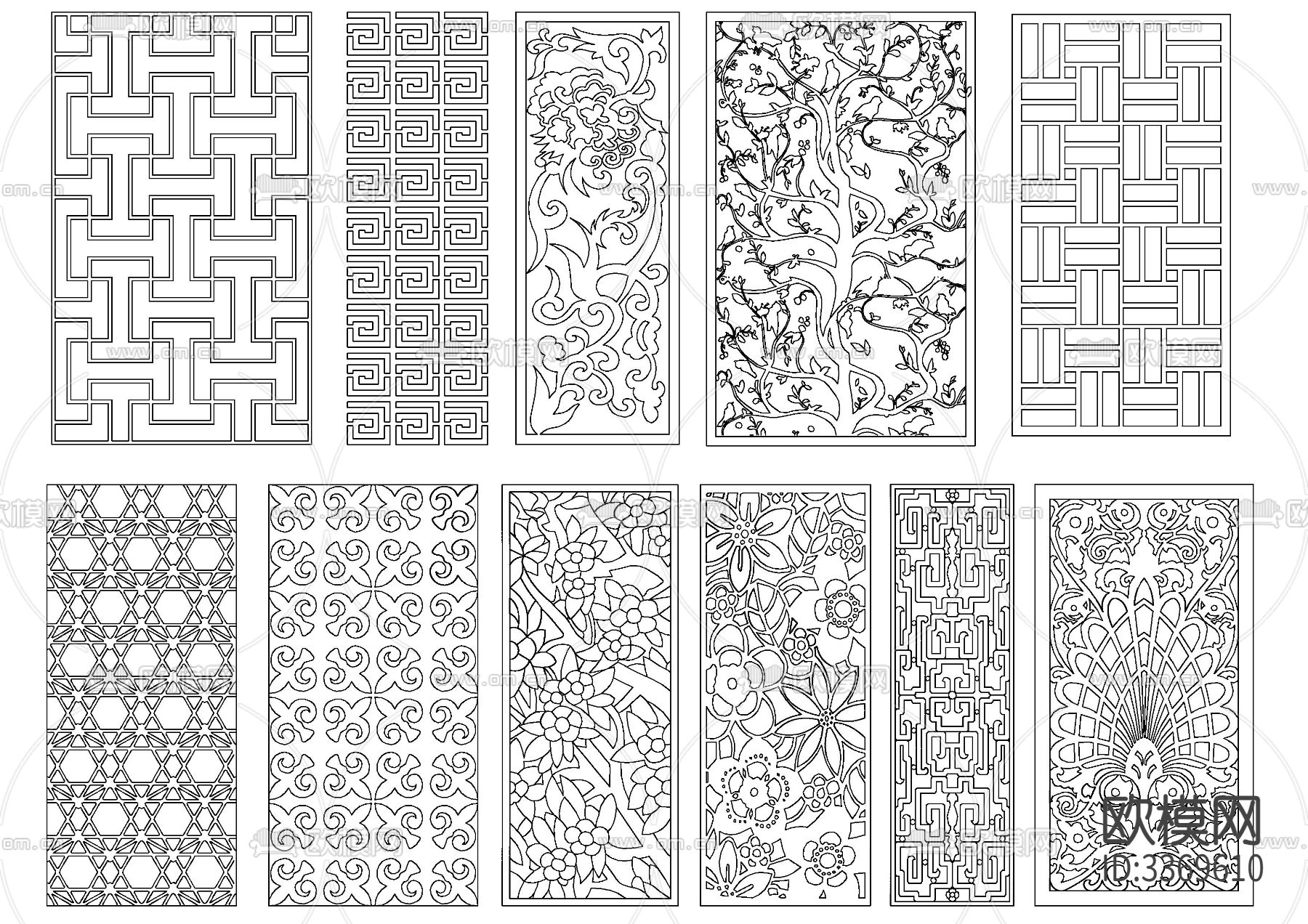 中式格栅屏风雕花cad图库下载（渲染图1）