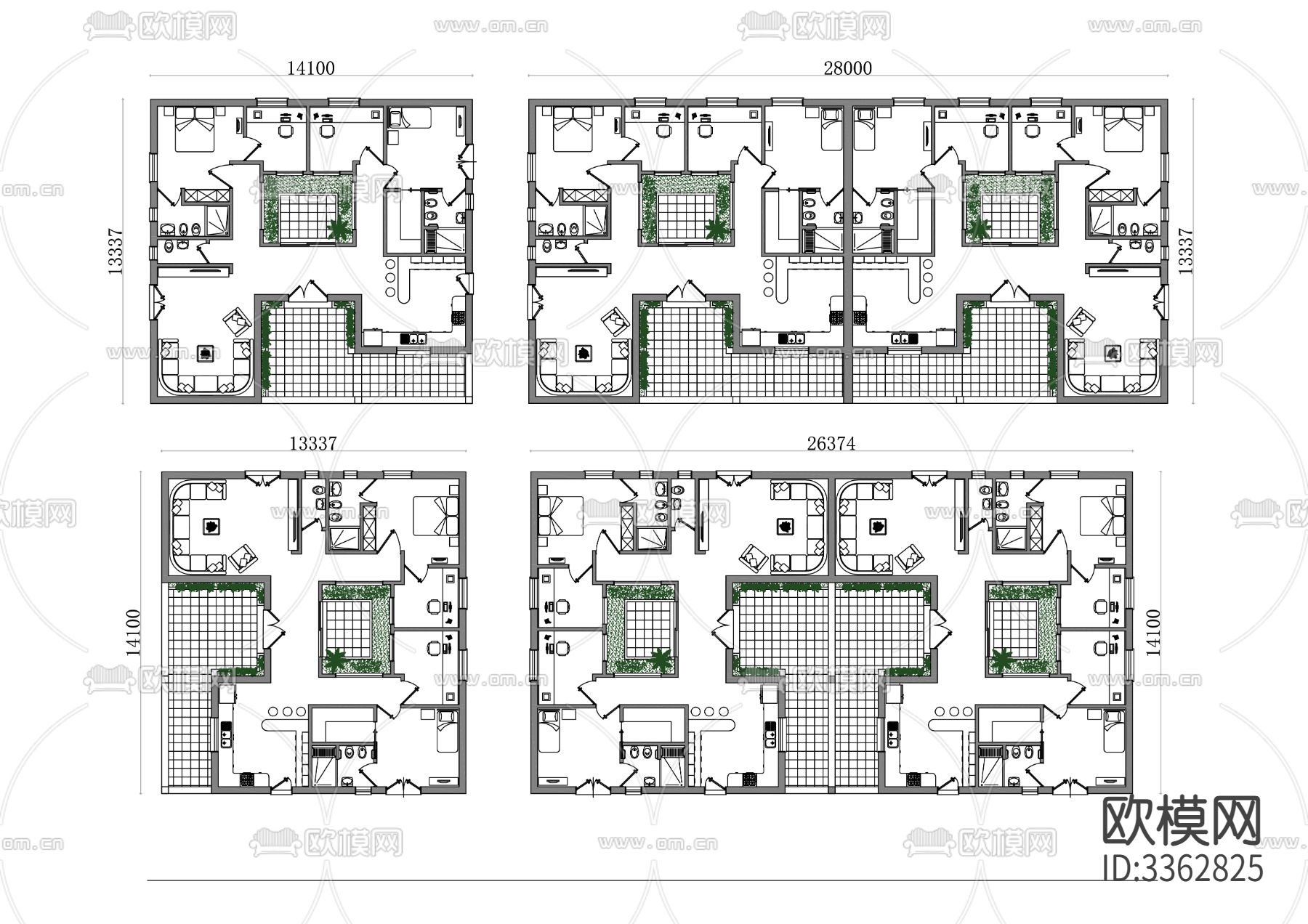 单户和双户类型别墅CAD平面图下载