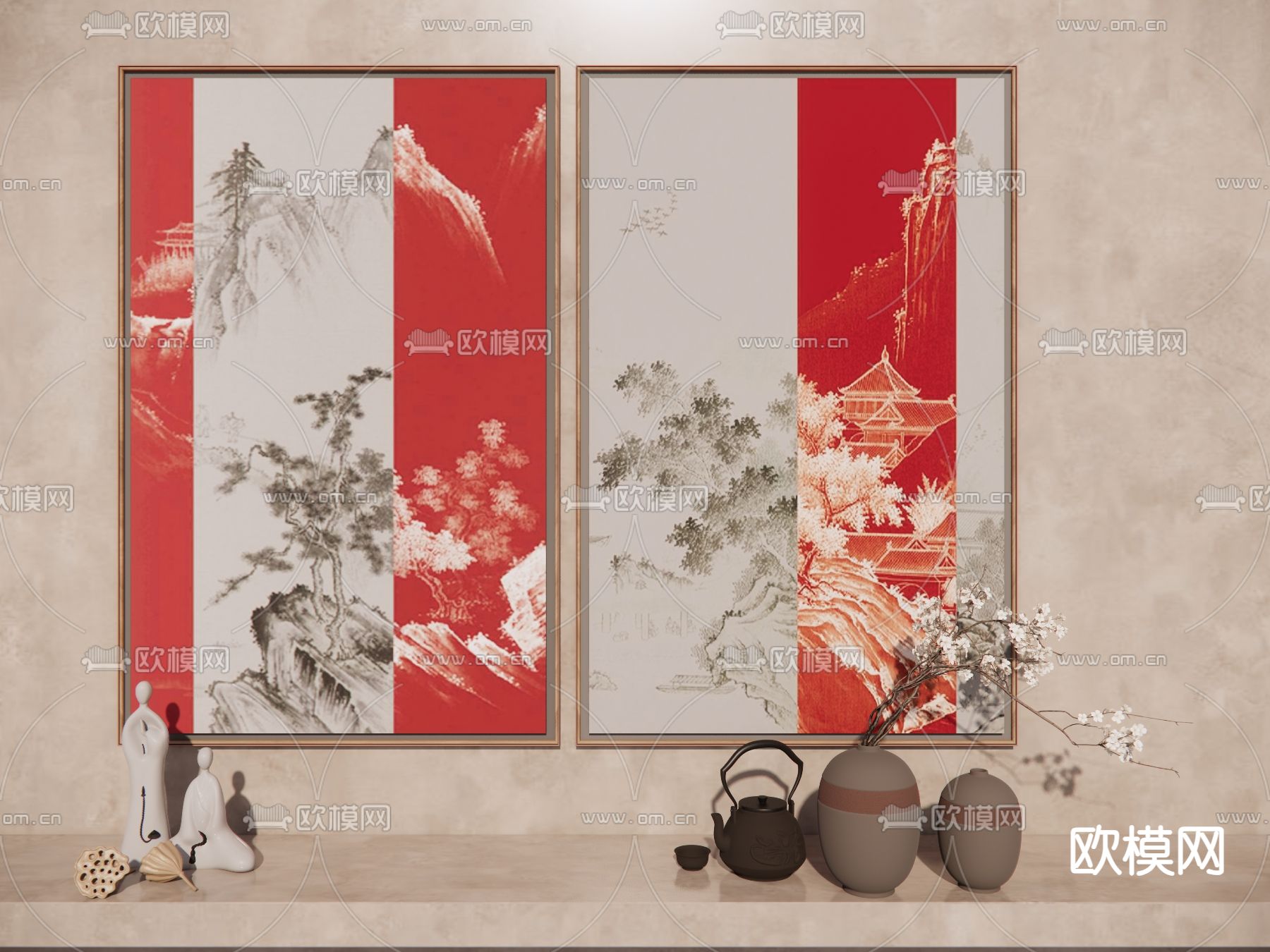 新中式装饰画 山水画 挂画su模型下载（渲染图2）