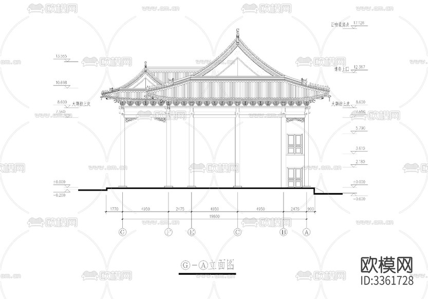 天王殿中式古建CAD施工圖下載(渲染圖4)
