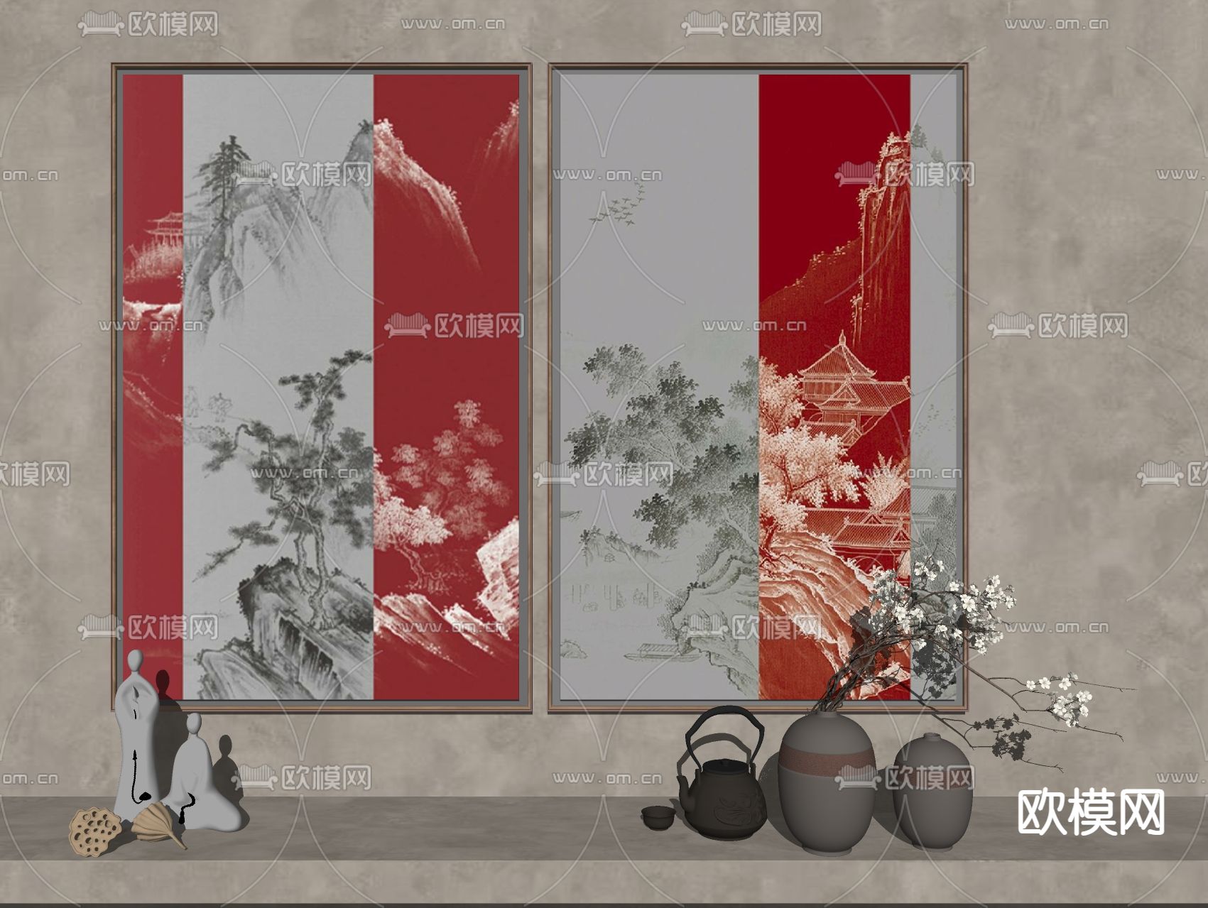 新中式装饰画 山水画 挂画su模型下载（渲染图1）