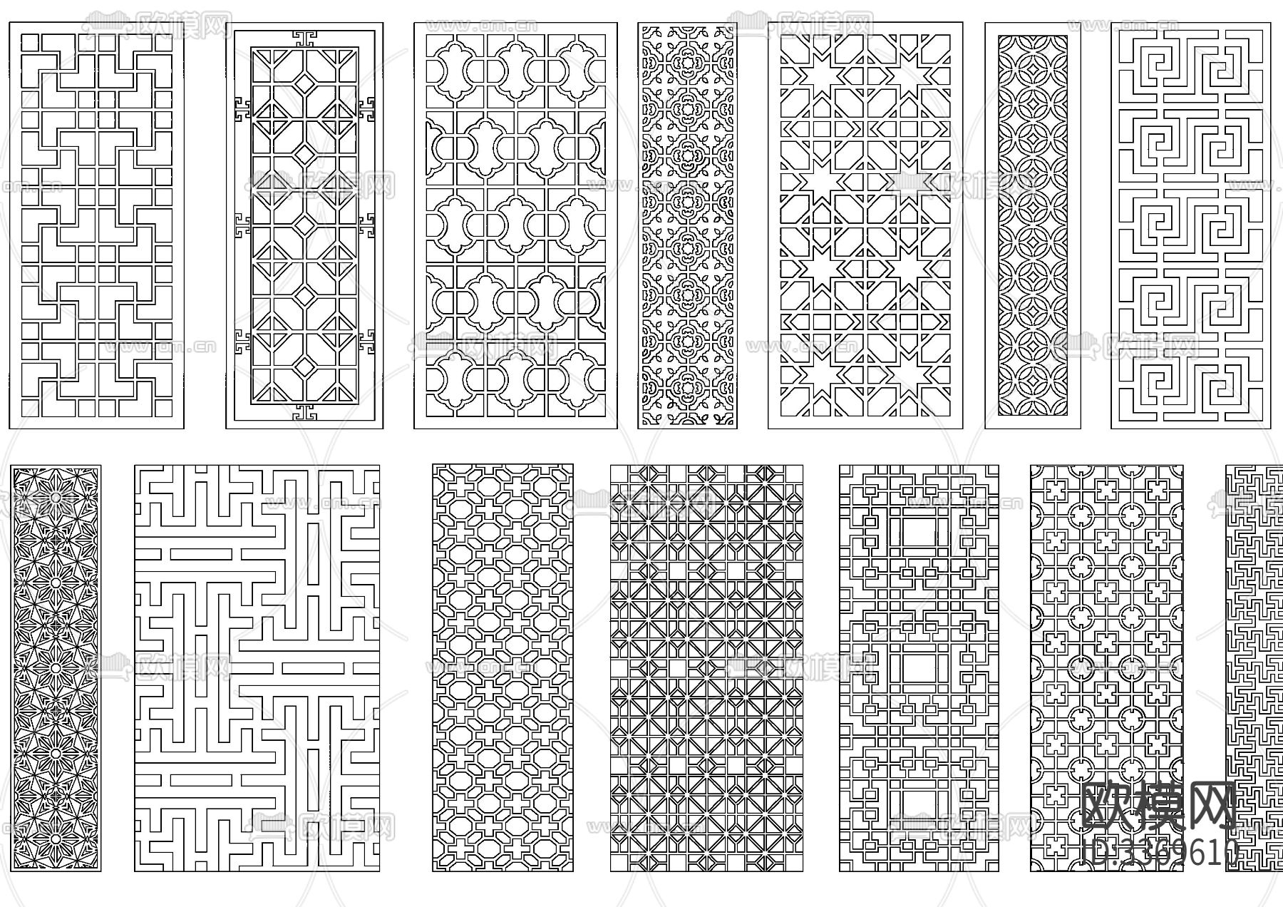 中式格栅屏风雕花cad图库下载（渲染图2）