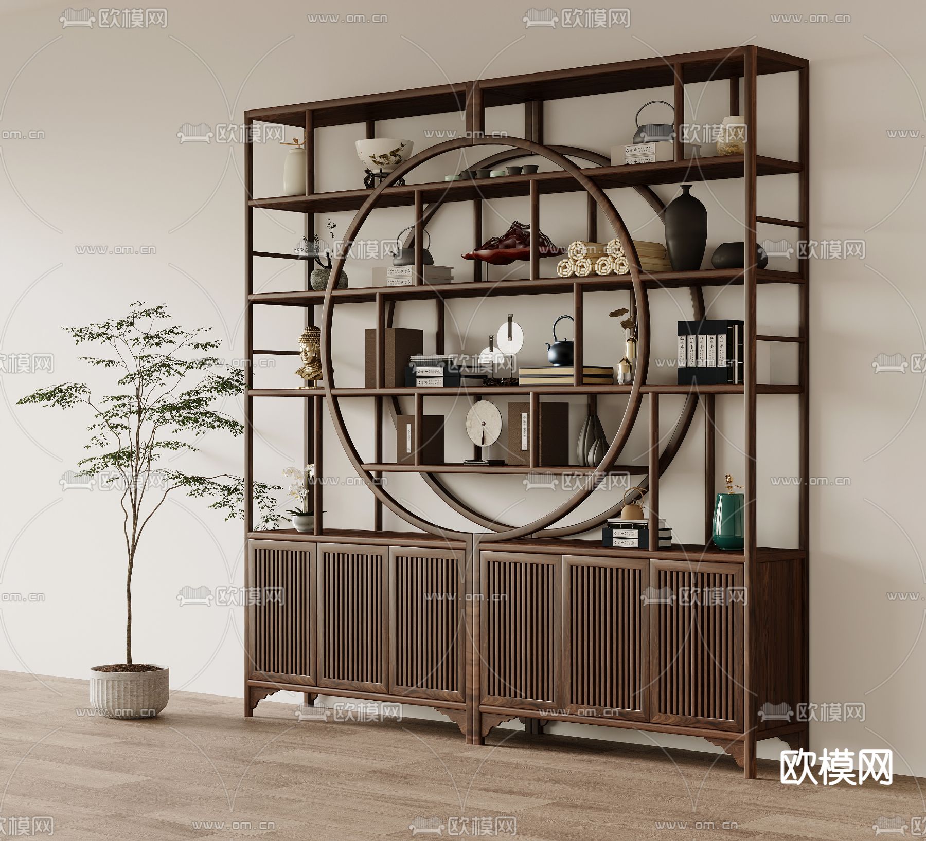 新中式博古架su模型下载（渲染图2）