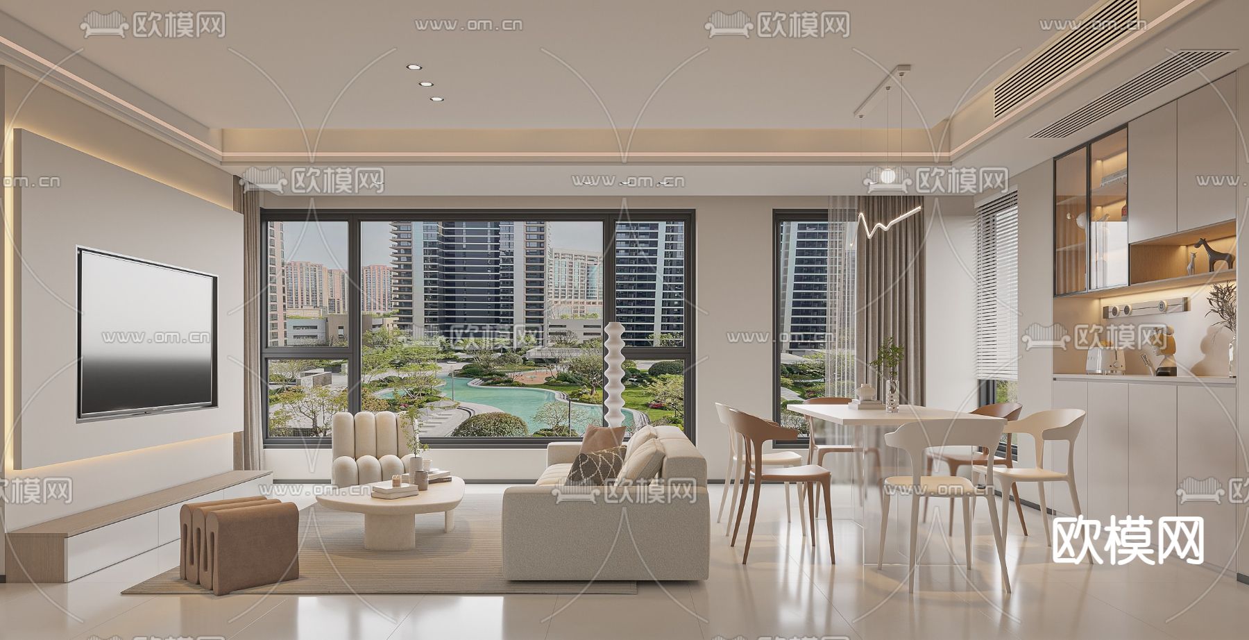 现代客餐厅3d模型下载（渲染图2）