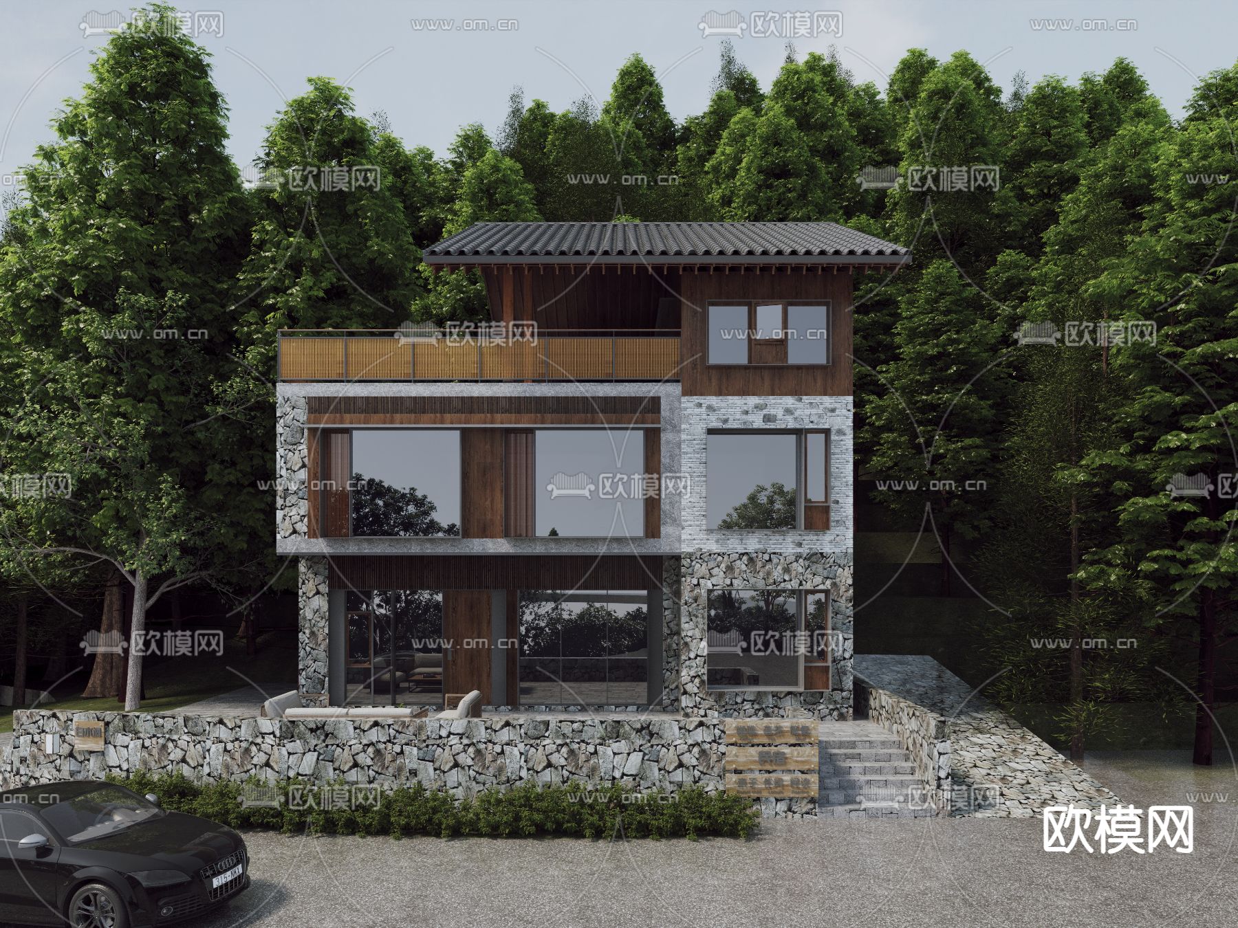 原木风别墅 民宿外观3d模型下载